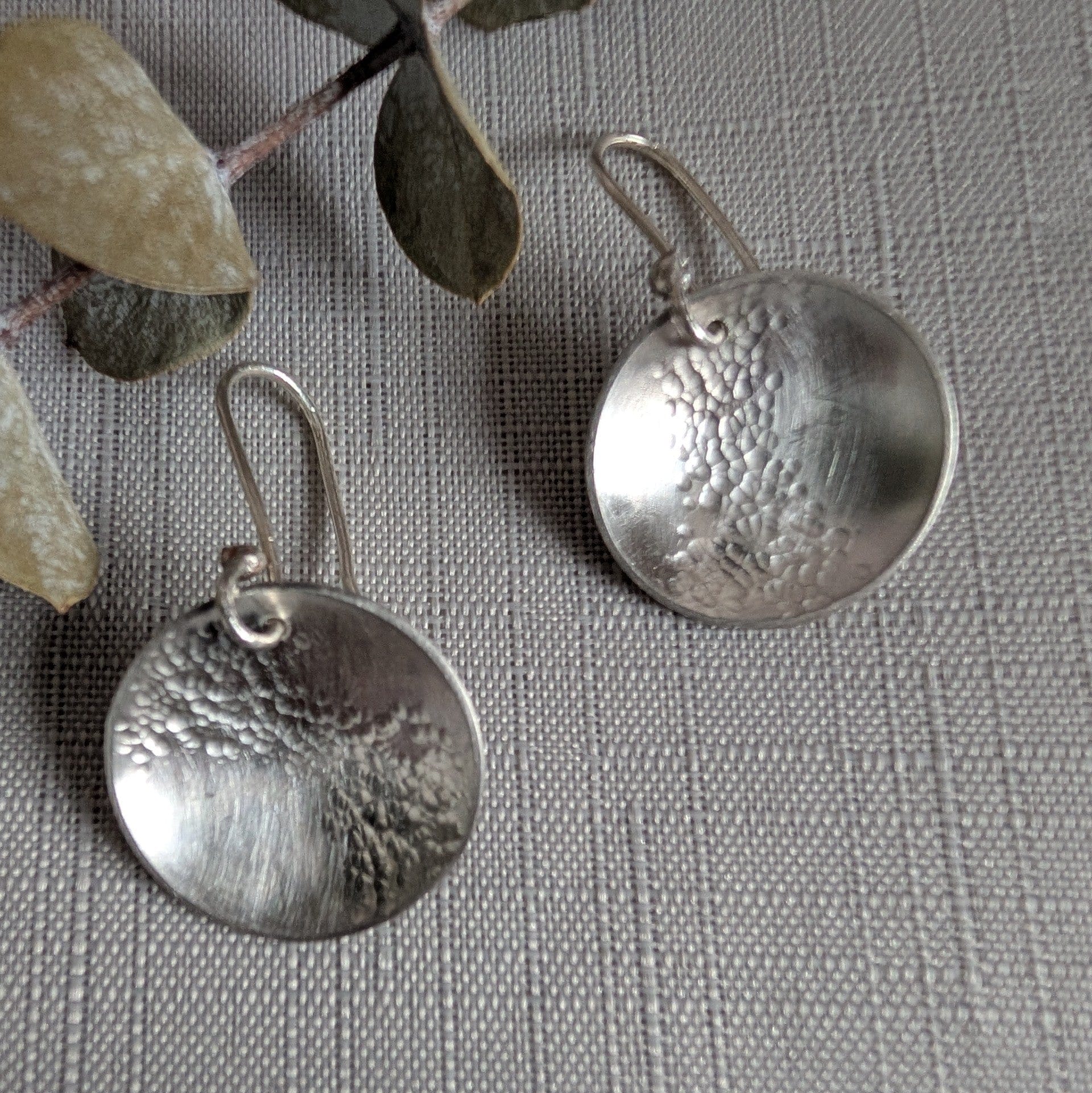 Dezanne Design Eco Silver Hammered Dome Earrings | 18 mm Circle | Dangle and Drop Earrings | Recycled Sterling Silver