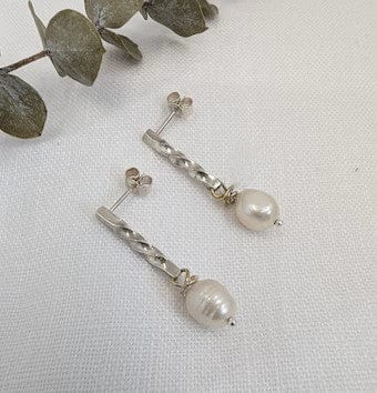 Dezanne Design Ecosilver Twisted Bar Earrings with Pearl Drop