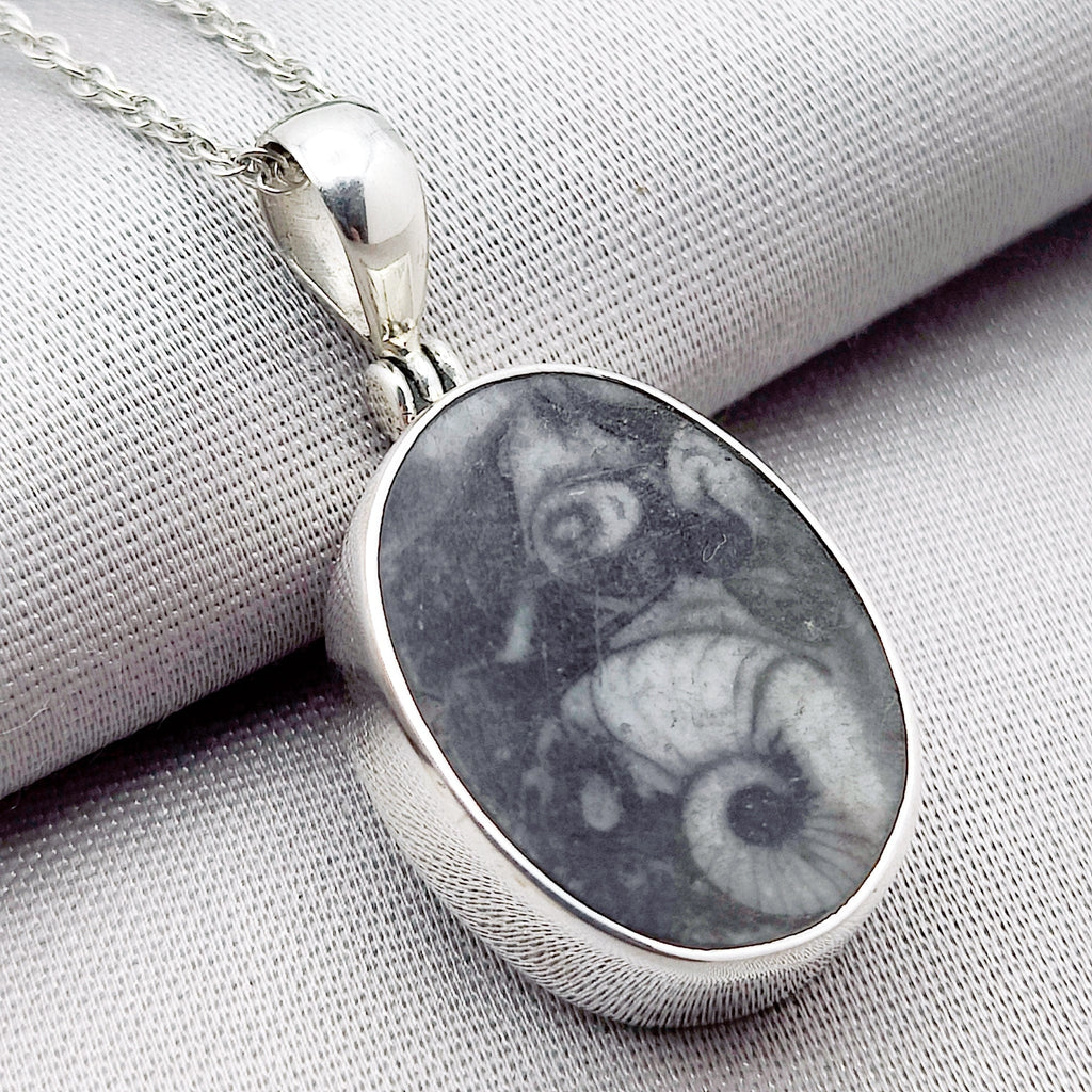 Hepburn and Hughes Fossilised Sea Creatures Pendant | Fossil Necklace | 23mm Oval | Sterling Silver