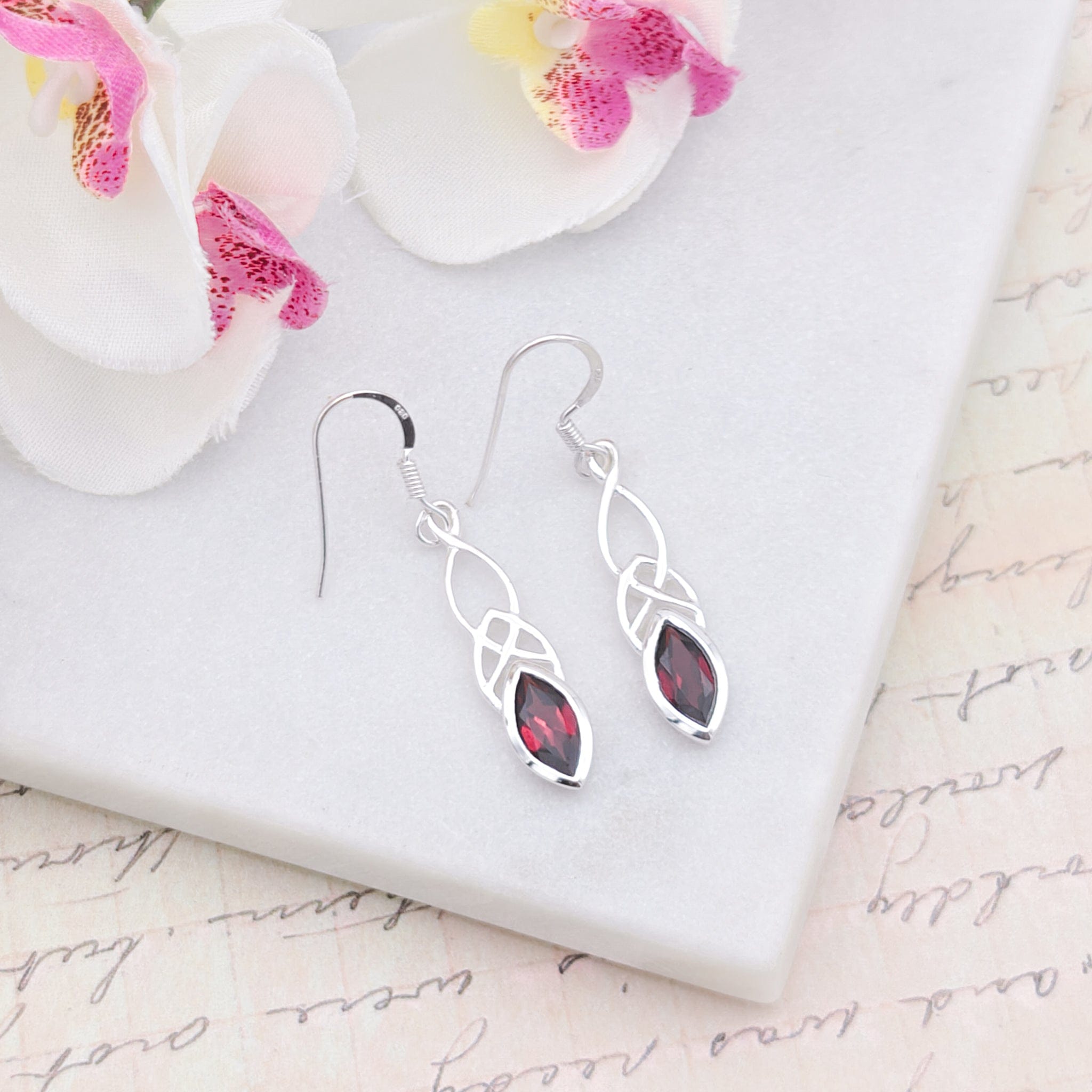 Hepburn and Hughes Garnet Gemstone Earrings | Celtic Oval | Capricorn Gift | Sterling Silver