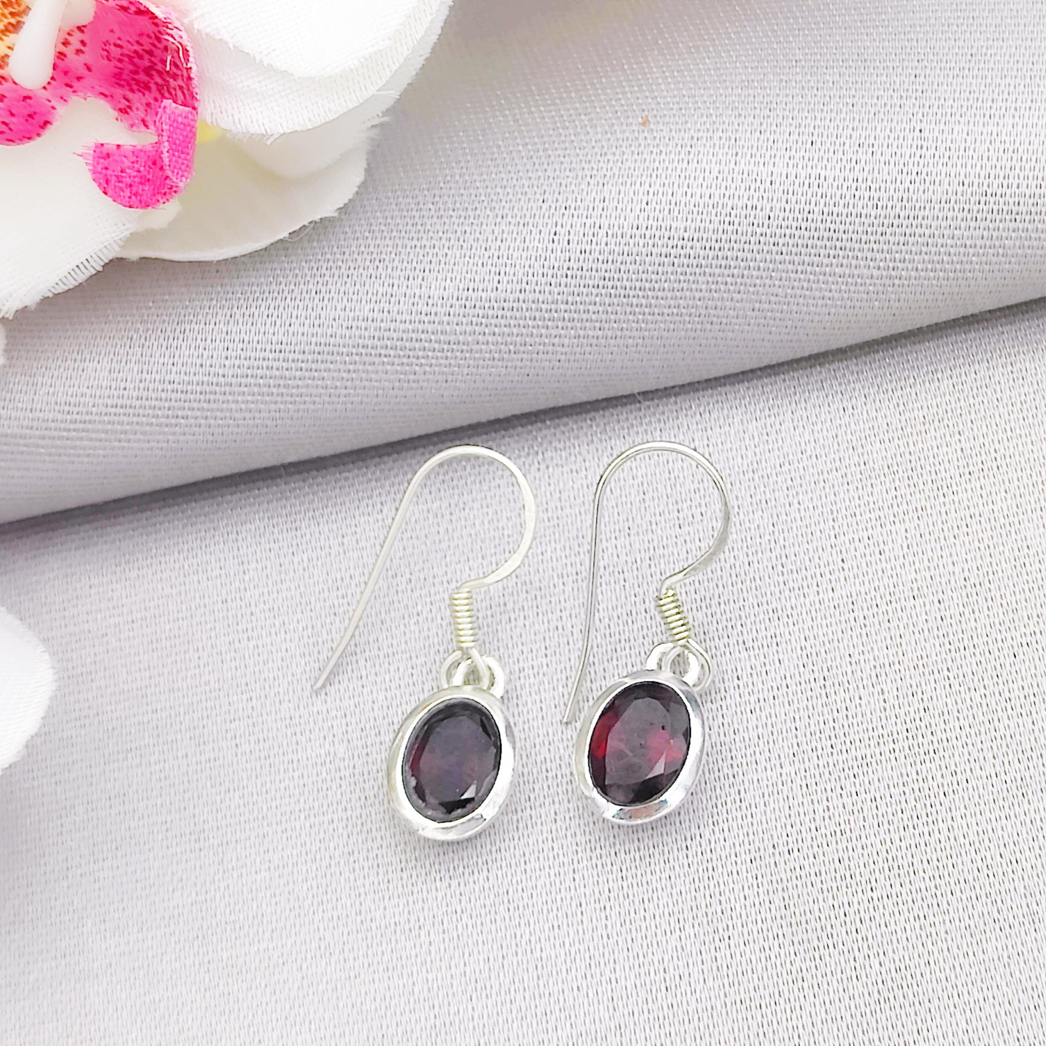 Hepburn and Hughes Garnet Gemstone Earrings | Oval | Capricorn Gift | Sterling Silver