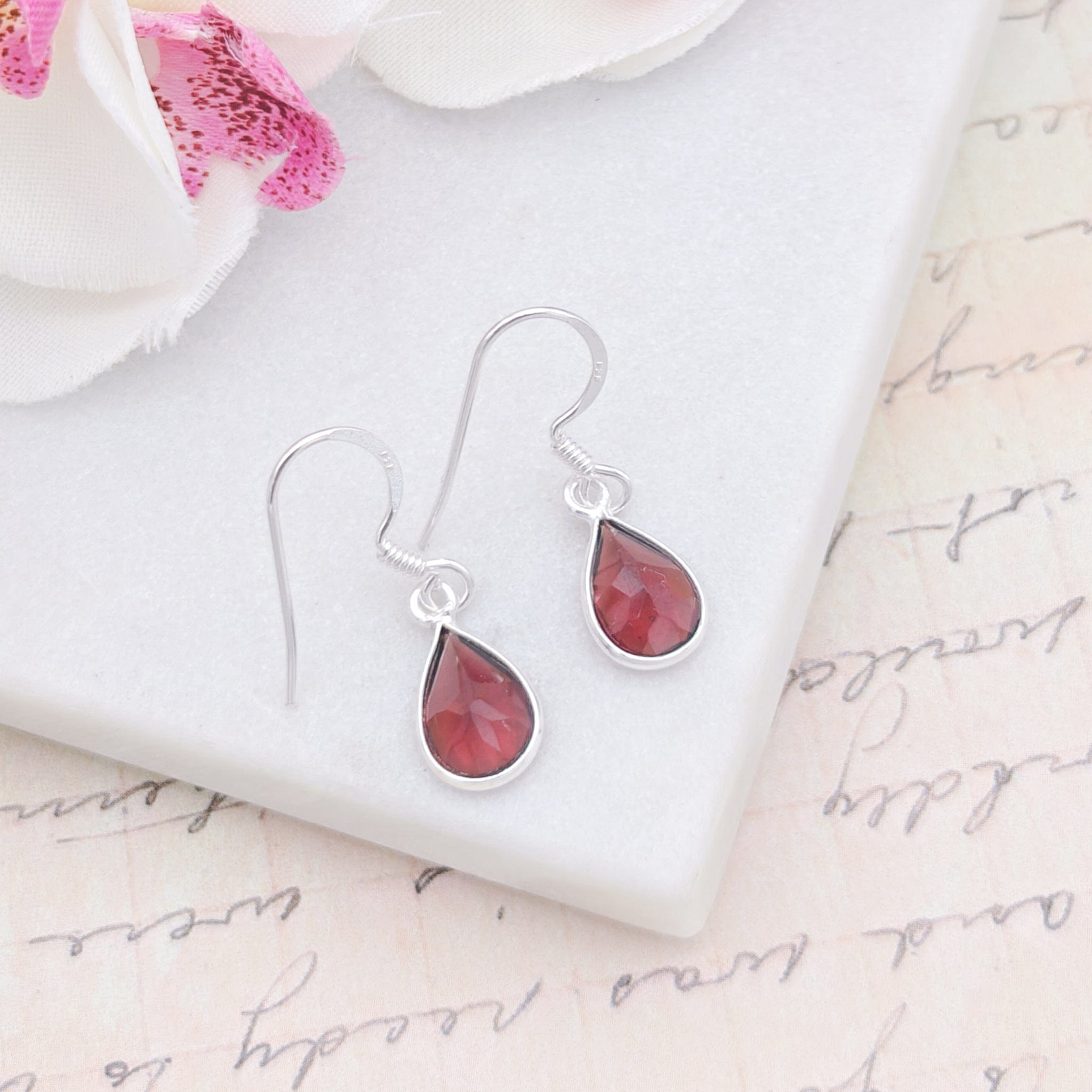 Hepburn and Hughes Garnet Gemstone Earrings | Teardrop | January Gift | Sterling Silver