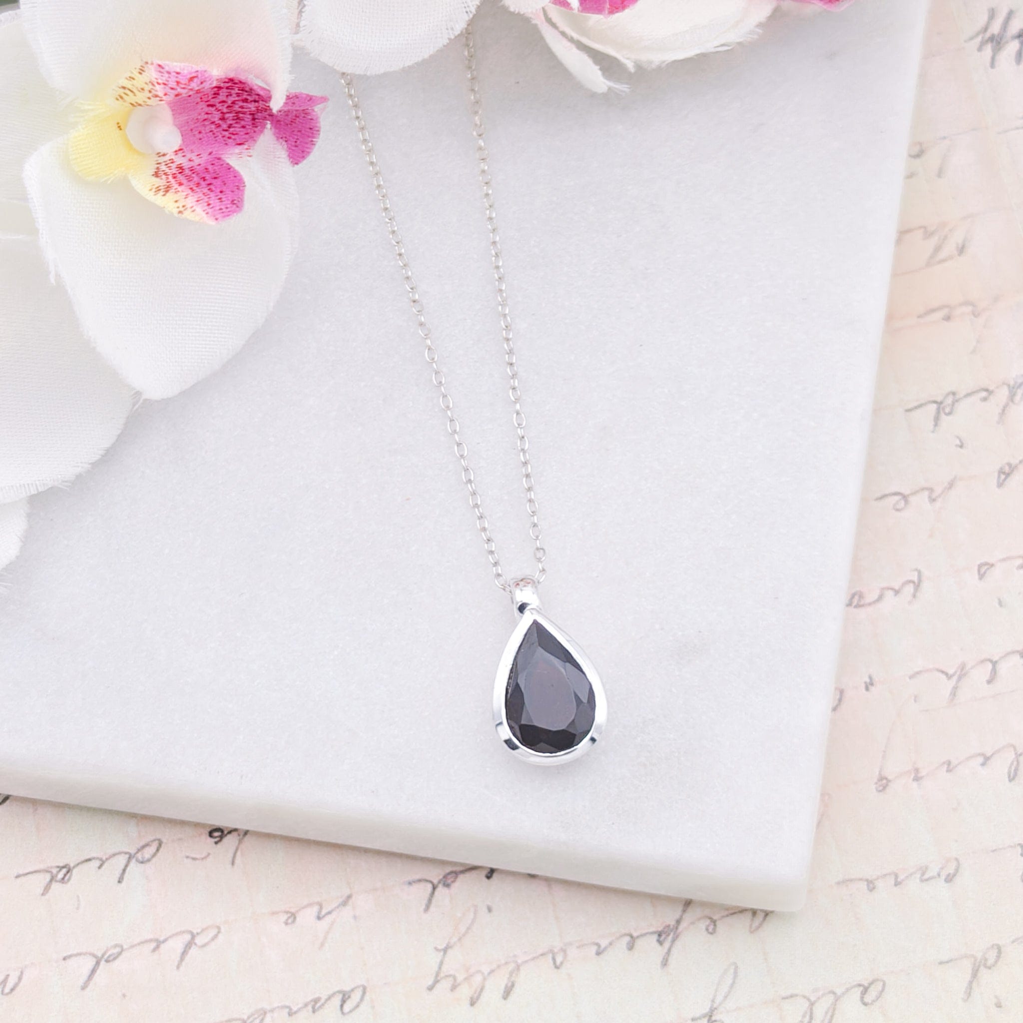 Hepburn and Hughes Garnet Gemstone Pendant | Faceted Teardrop Stone | January Birthstone | Sterling Silver