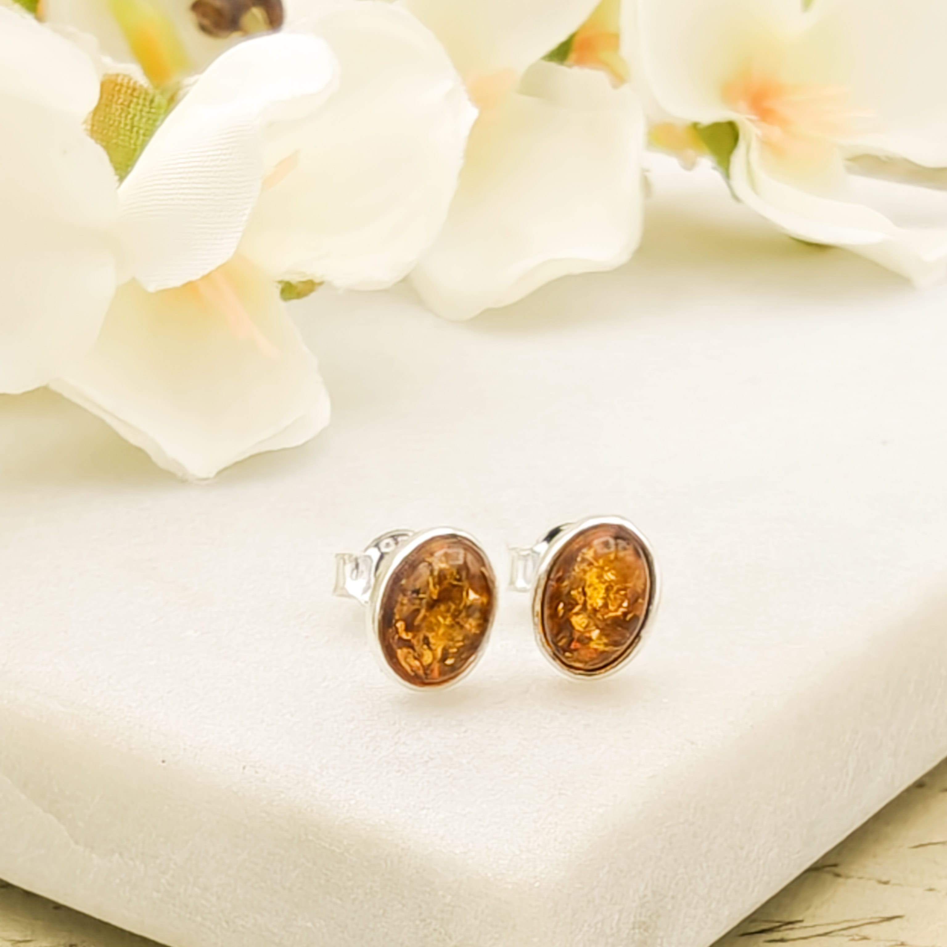 Hepburn and Hughes Genuine Baltic Amber Earrings | November Gift | Studs | Sterling Silver