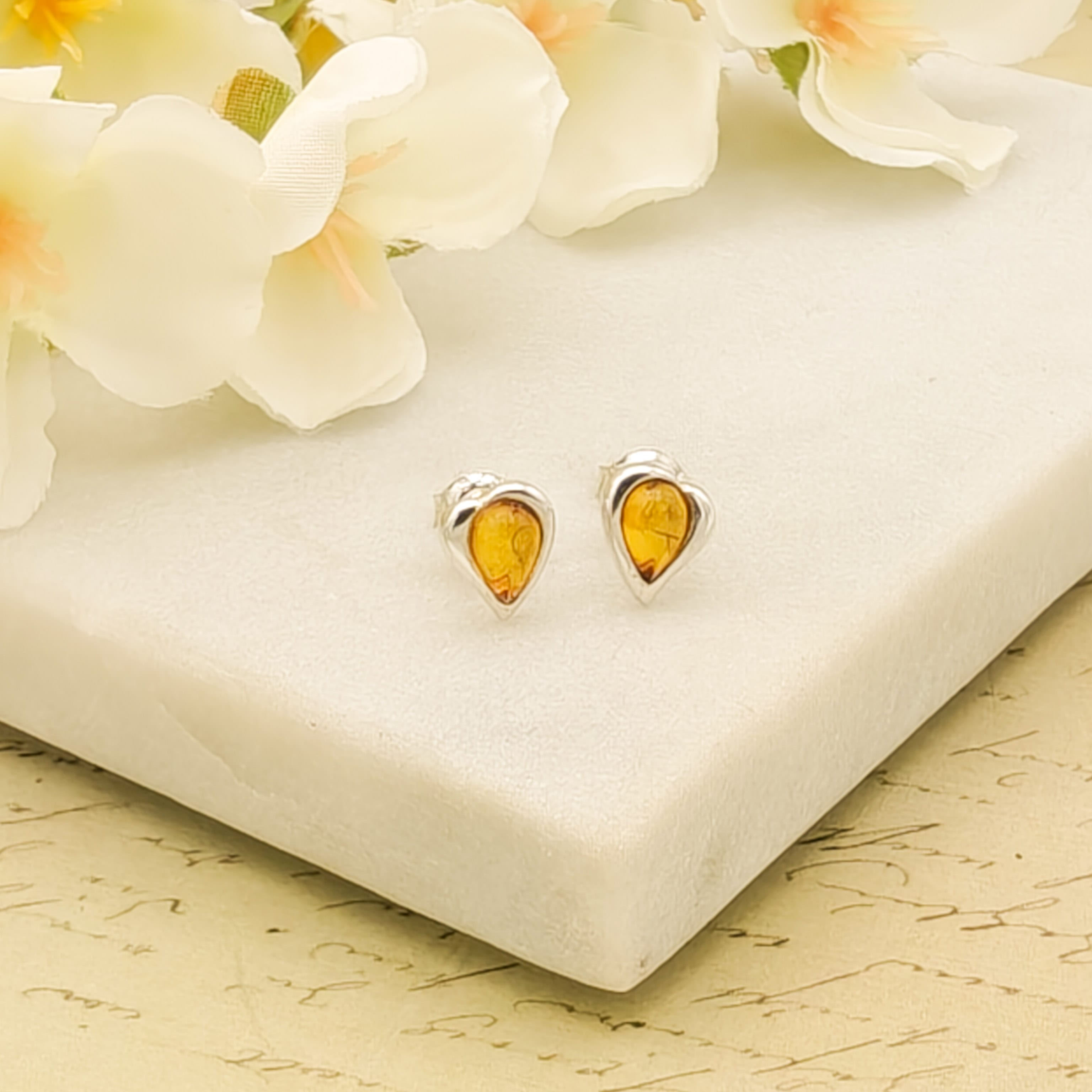Hepburn and Hughes Genuine Baltic Amber Earrings | November Gift | Studs | Sterling Silver