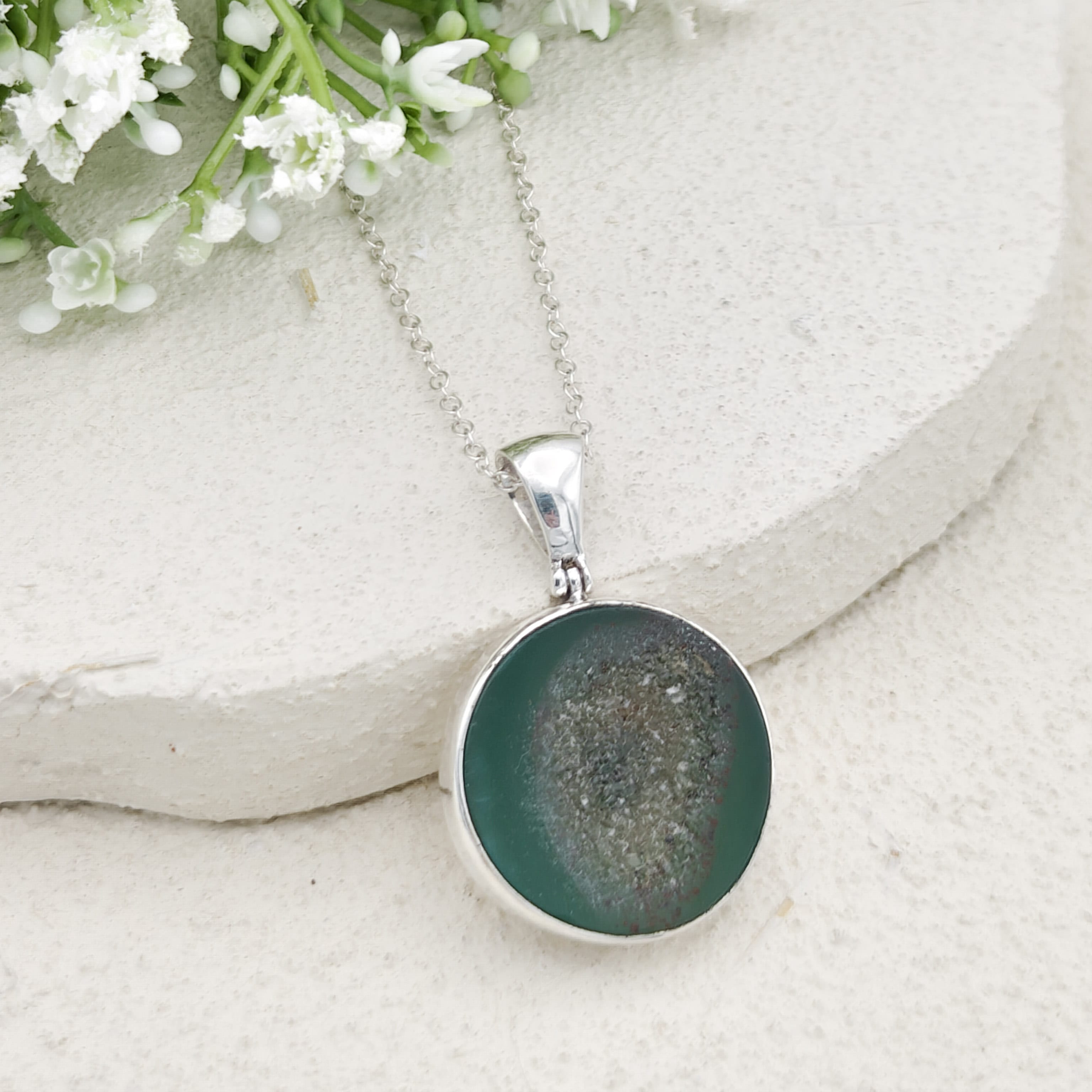 Hepburn and Hughes Green Agate Pendant | 25mm Circle | Gemini Gemstone | Sterling Silver