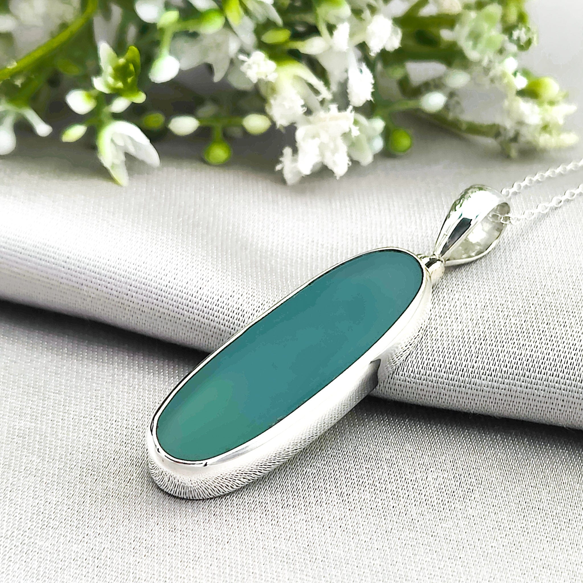 Hepburn and Hughes Green Agate Pendant | Slim Oval Gemstone Necklace | Gemini Gift | Sterling Silver