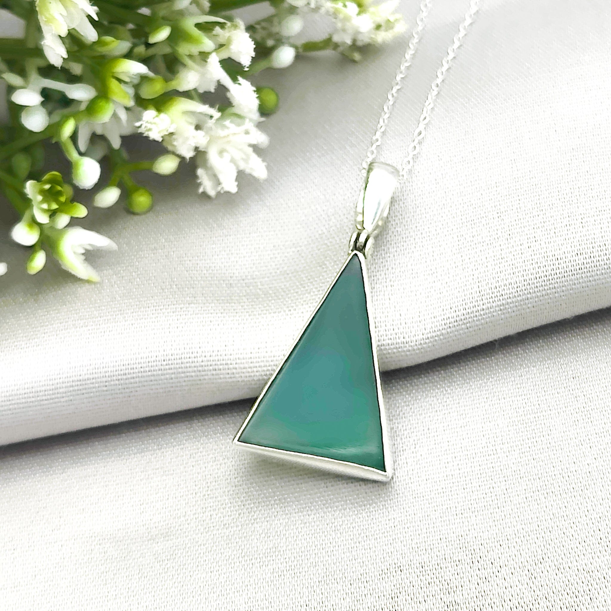 Hepburn and Hughes Green Agate Pendant | Triangle Gemstone Necklace | Gemini Gift | Sterling Silver