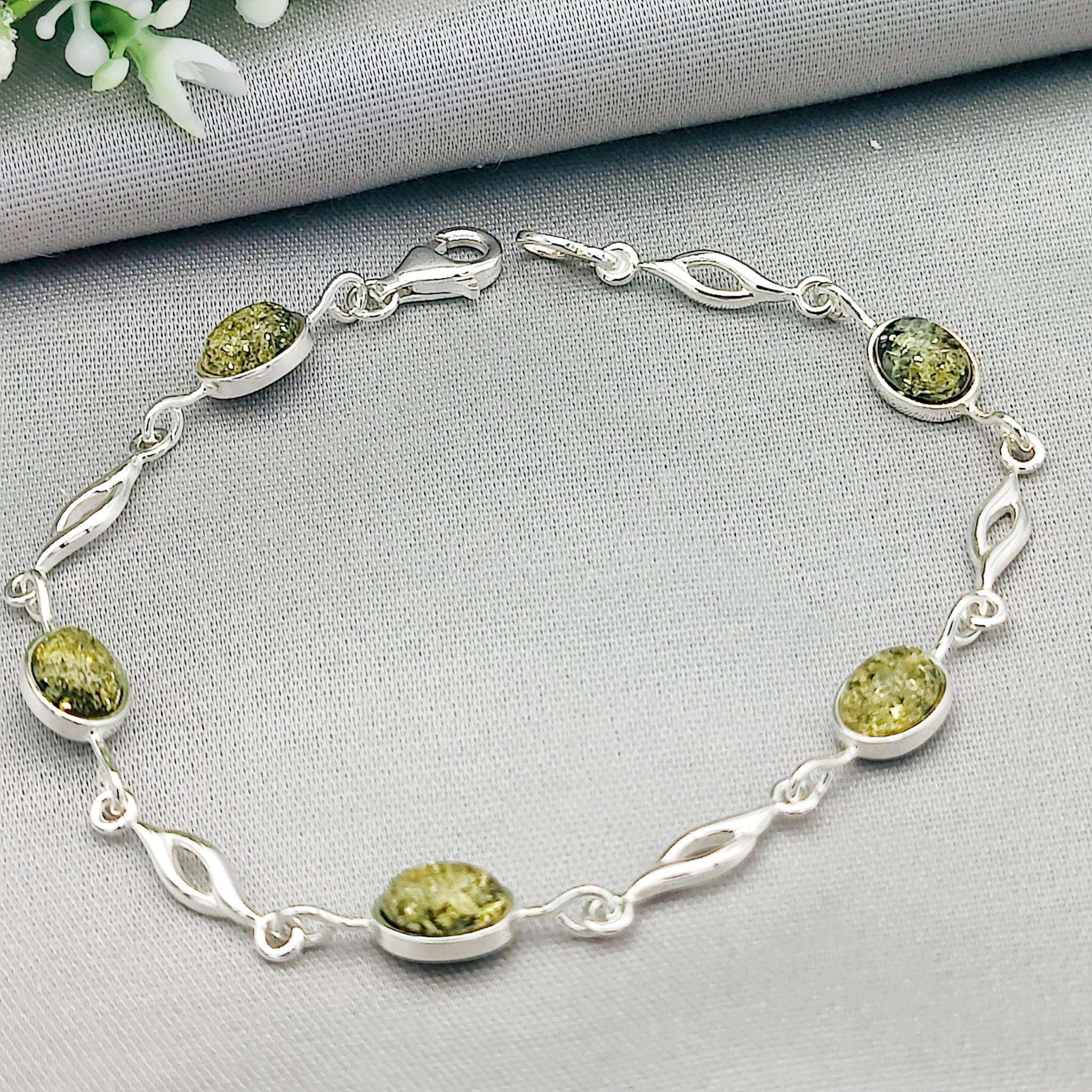 Hepburn and Hughes Green Amber Bracelet | 5 Ovals | Sterling Silver