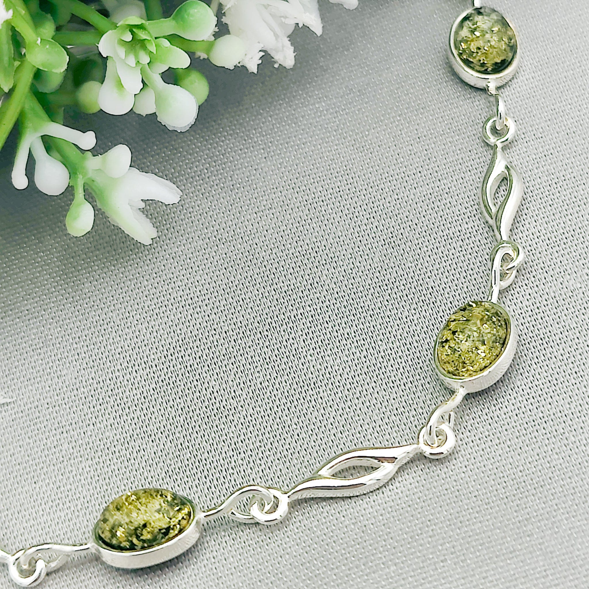 Hepburn and Hughes Green Amber Bracelet | 5 Ovals | Sterling Silver