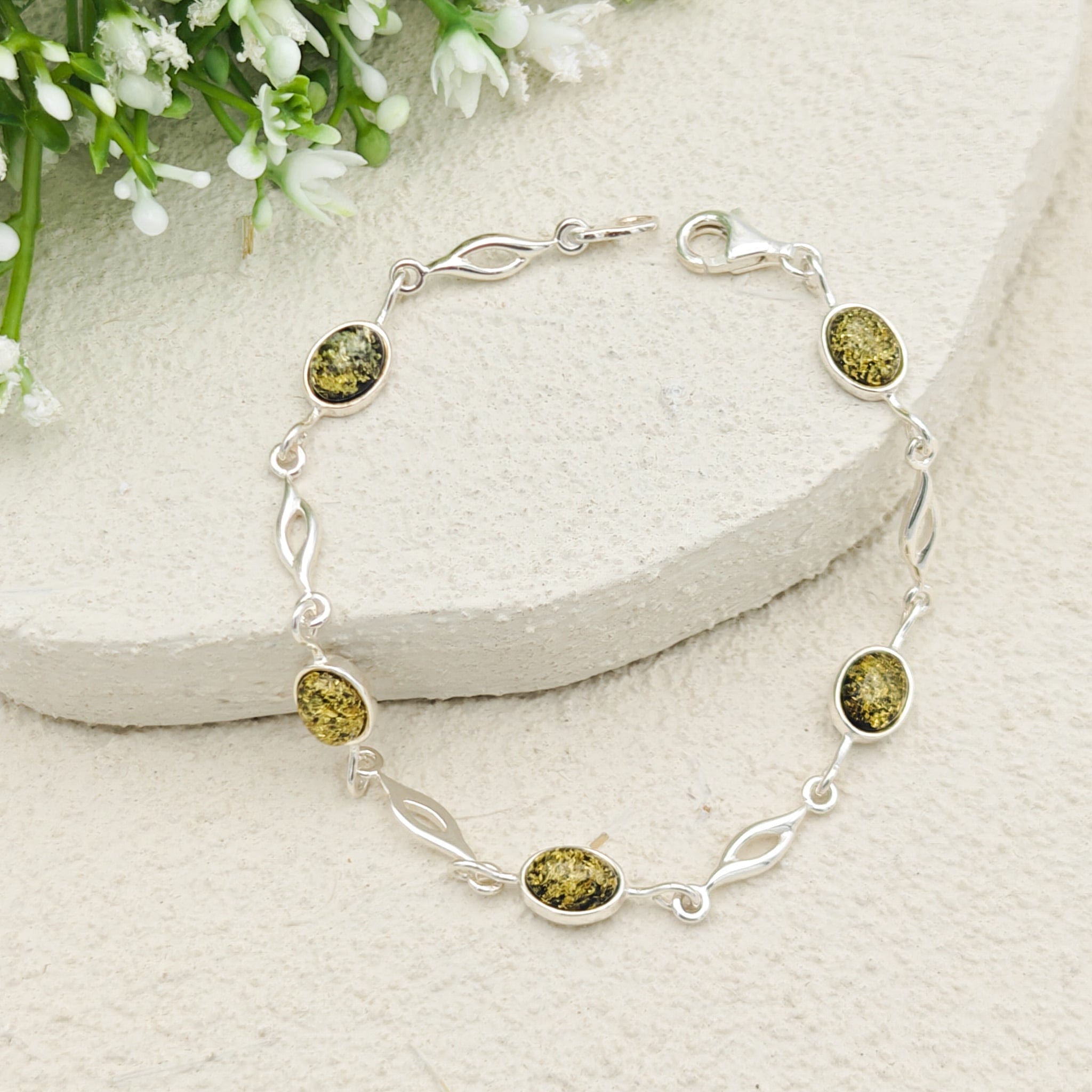 Hepburn and Hughes Green Amber Bracelet | 5 Ovals | Sterling Silver