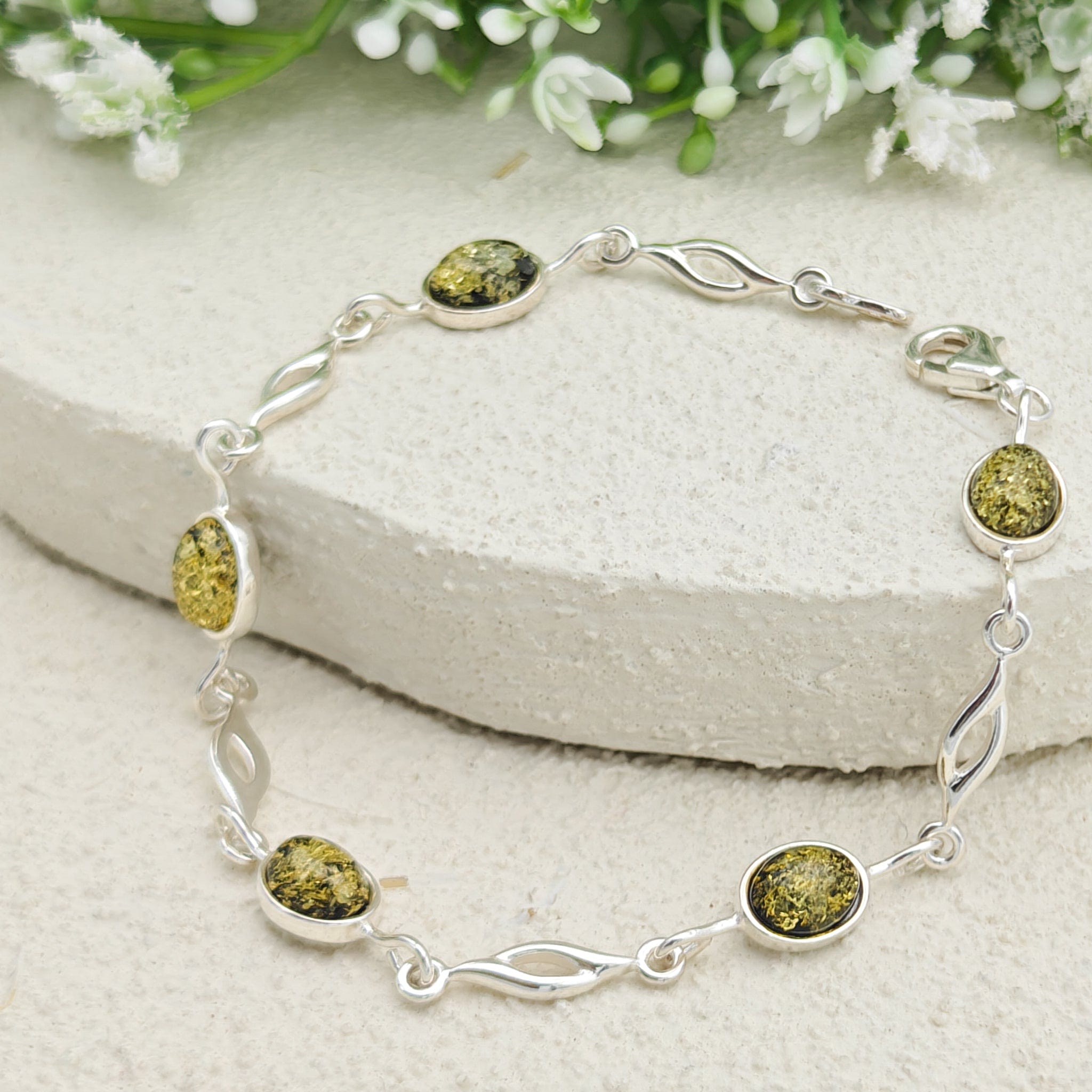Hepburn and Hughes Green Amber Bracelet | 5 Ovals | Sterling Silver