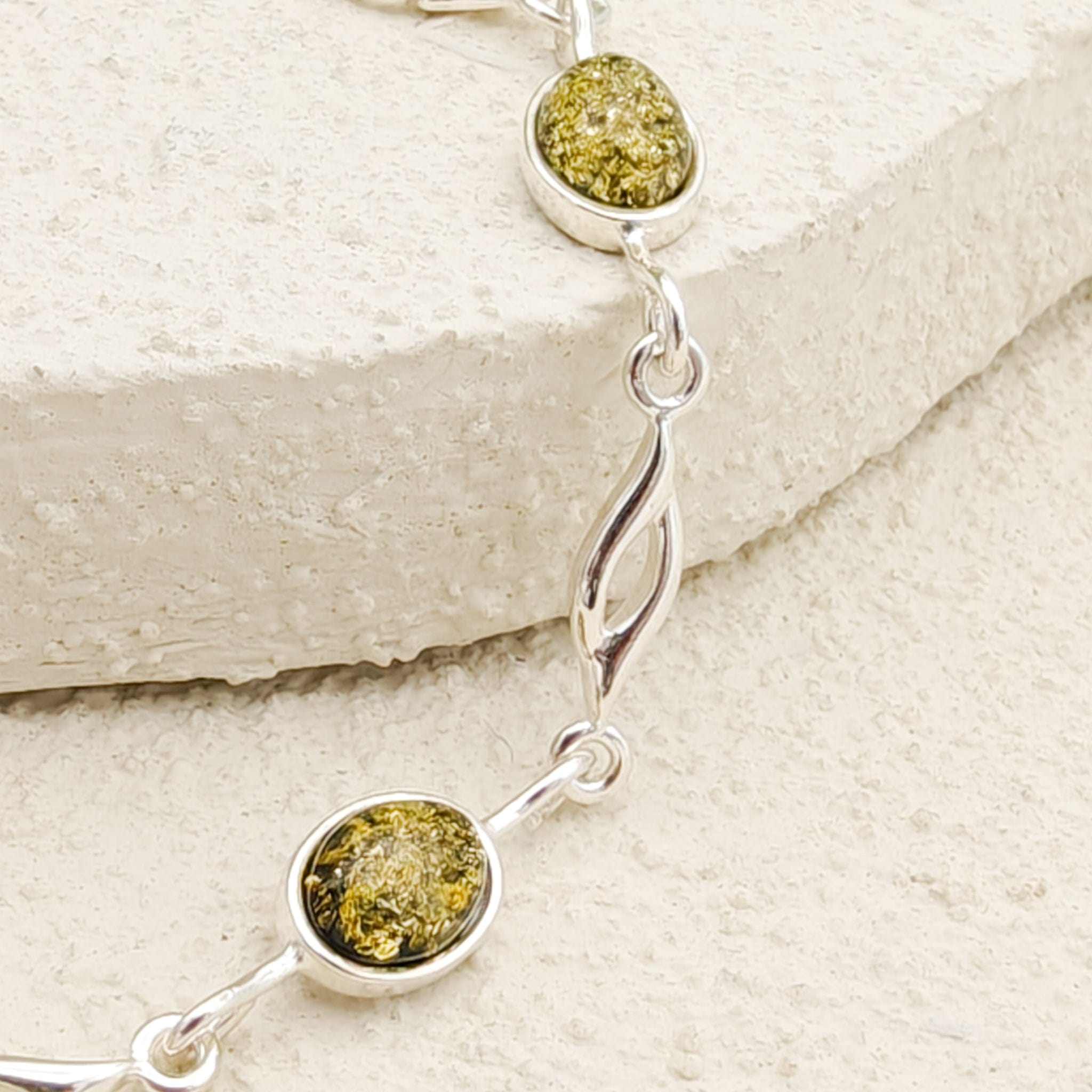 Hepburn and Hughes Green Amber Bracelet | 5 Ovals | Sterling Silver