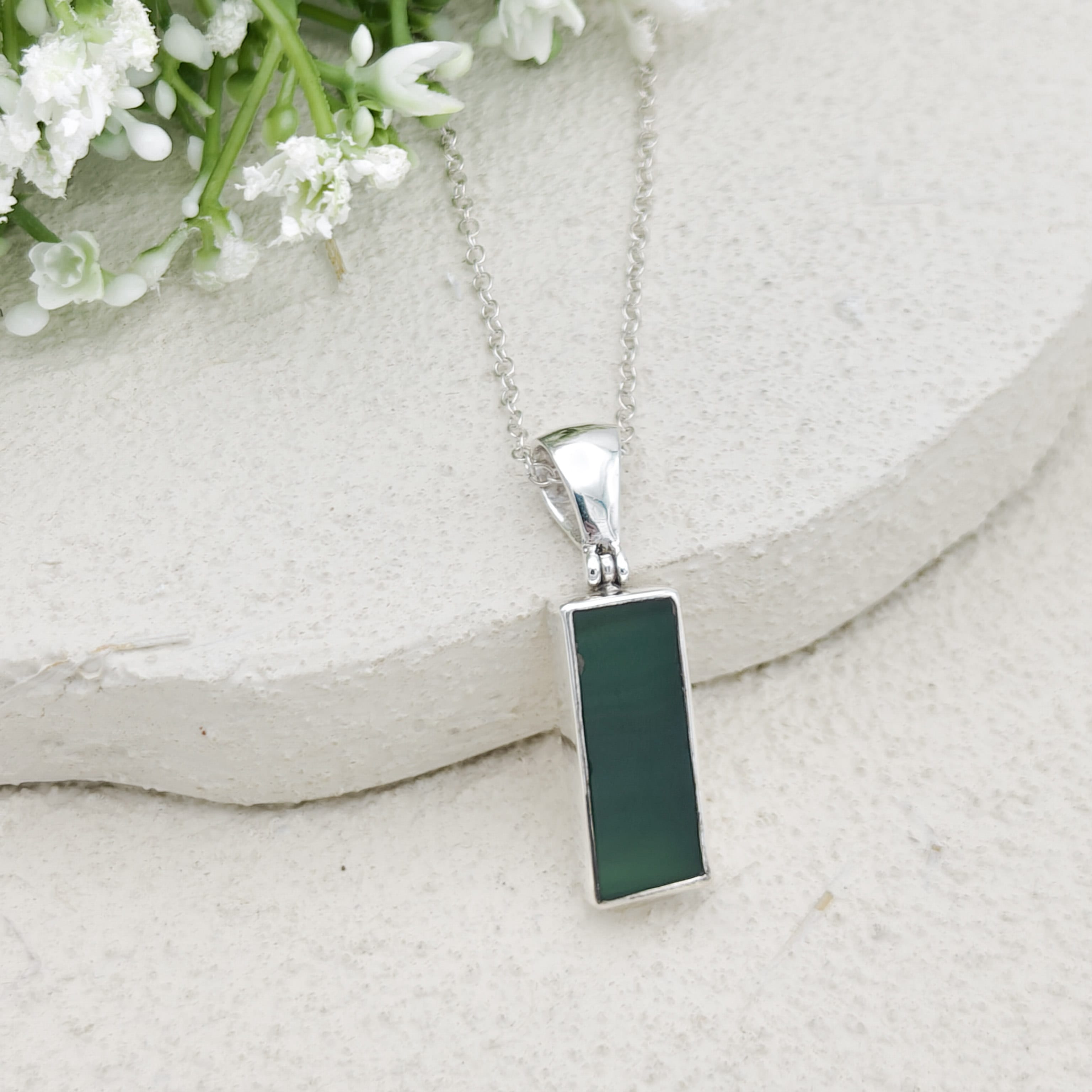 Hepburn and Hughes Green Natural Agate Pendant in Sterling Silver | May birthstone and Gemini Gift