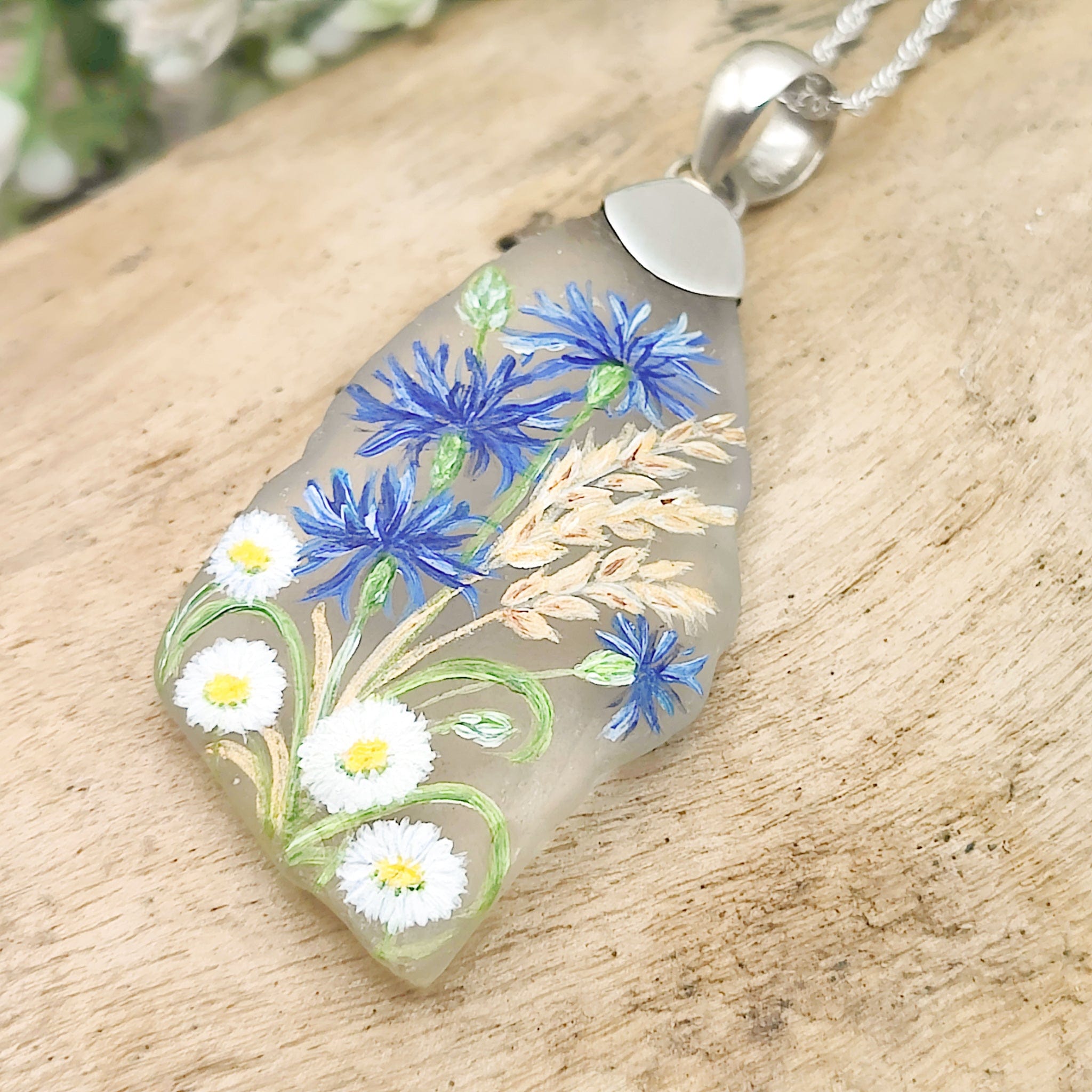 Hepburn and Hughes Hand Painted Sea Glass Pendant | Cornflowers and Daises | Sterling Silver
