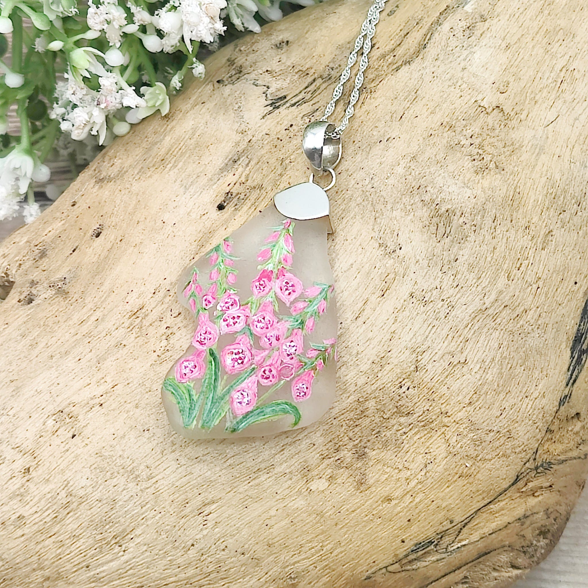 Hepburn and Hughes Hand Painted Sea Glass Pendant | Foxgloves | Sterling Silver