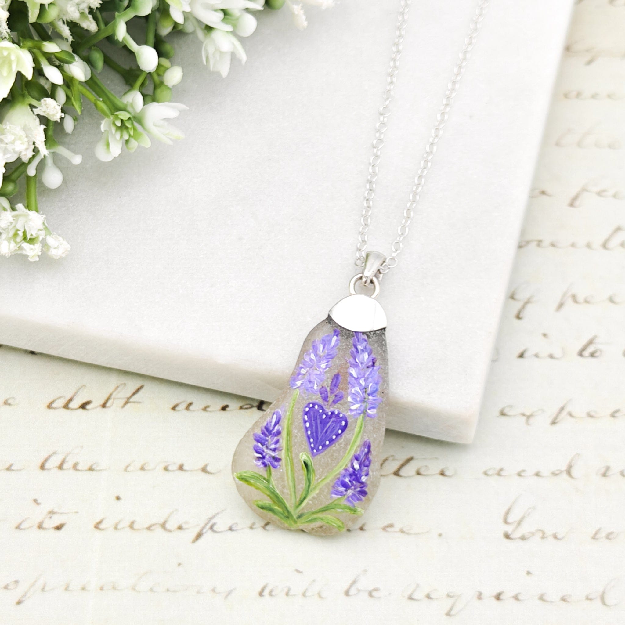 Hepburn and Hughes Hand Painted Sea Glass Pendant | Hearts and Flowers | Sterling Silver
