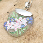 Hepburn and Hughes Hand Painted Sea Glass Pendant | Lily and Forget-me-nots | Sterling Silver