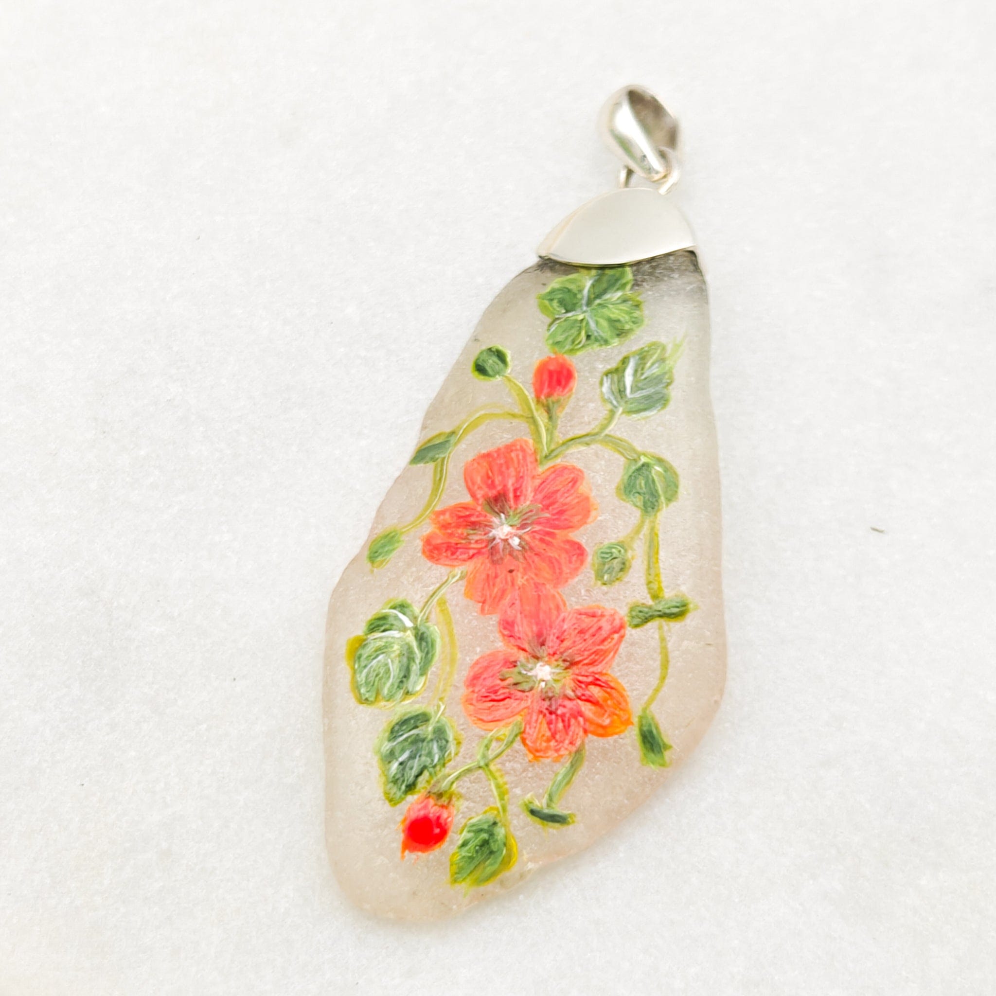 Hepburn and Hughes Hand Painted Sea Glass Pendant | Nasturtium | September Birth Flower | Sterling Silver