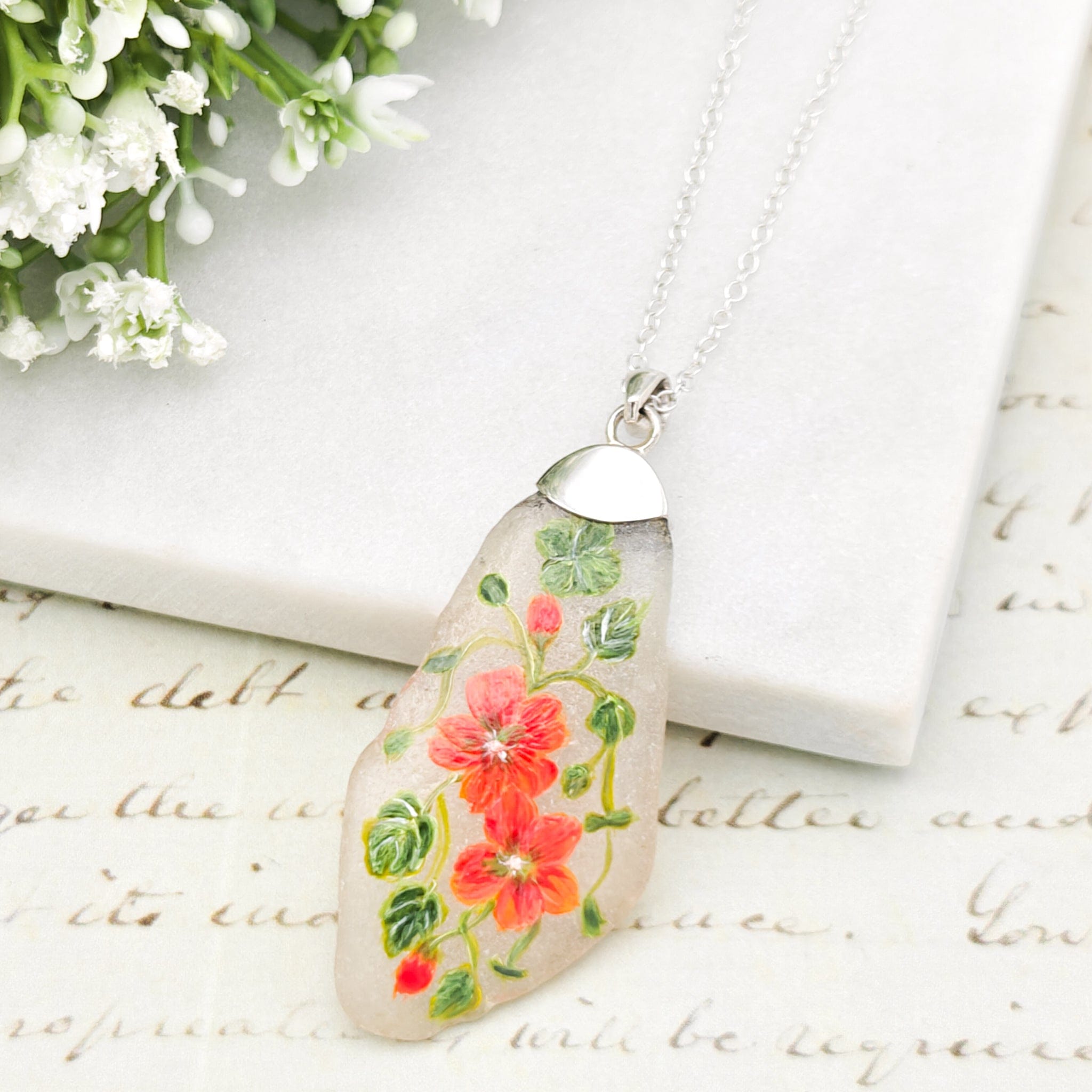 Hepburn and Hughes Hand Painted Sea Glass Pendant | Nasturtium | September Birth Flower | Sterling Silver