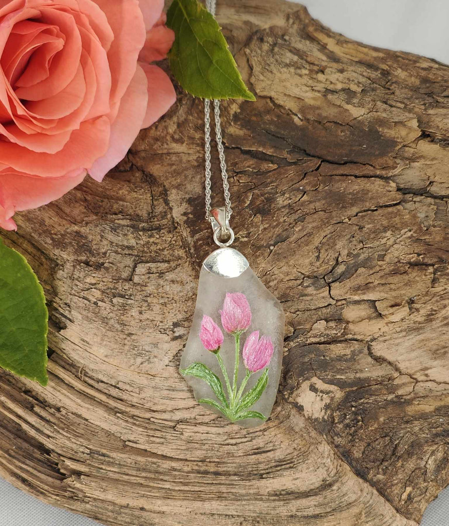 Hepburn and Hughes Hand Painted Sea Glass Pendant | Pink Tulips | Sterling Silver