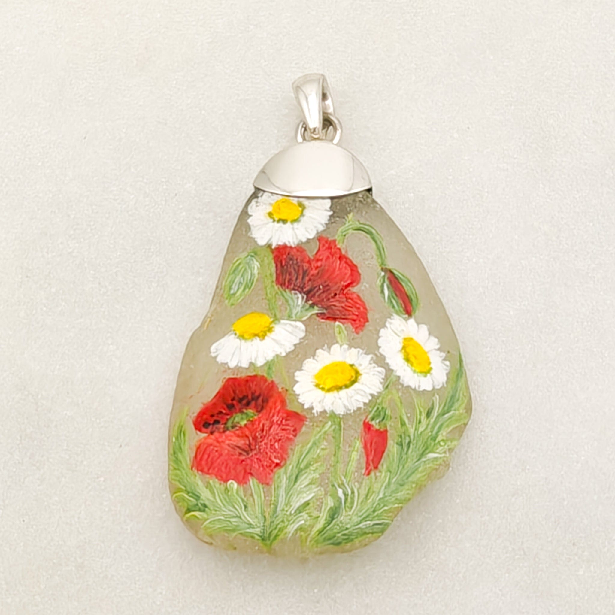 Hepburn and Hughes Hand Painted Sea Glass Pendant | Poppy | August birth flower | Sterling Silver