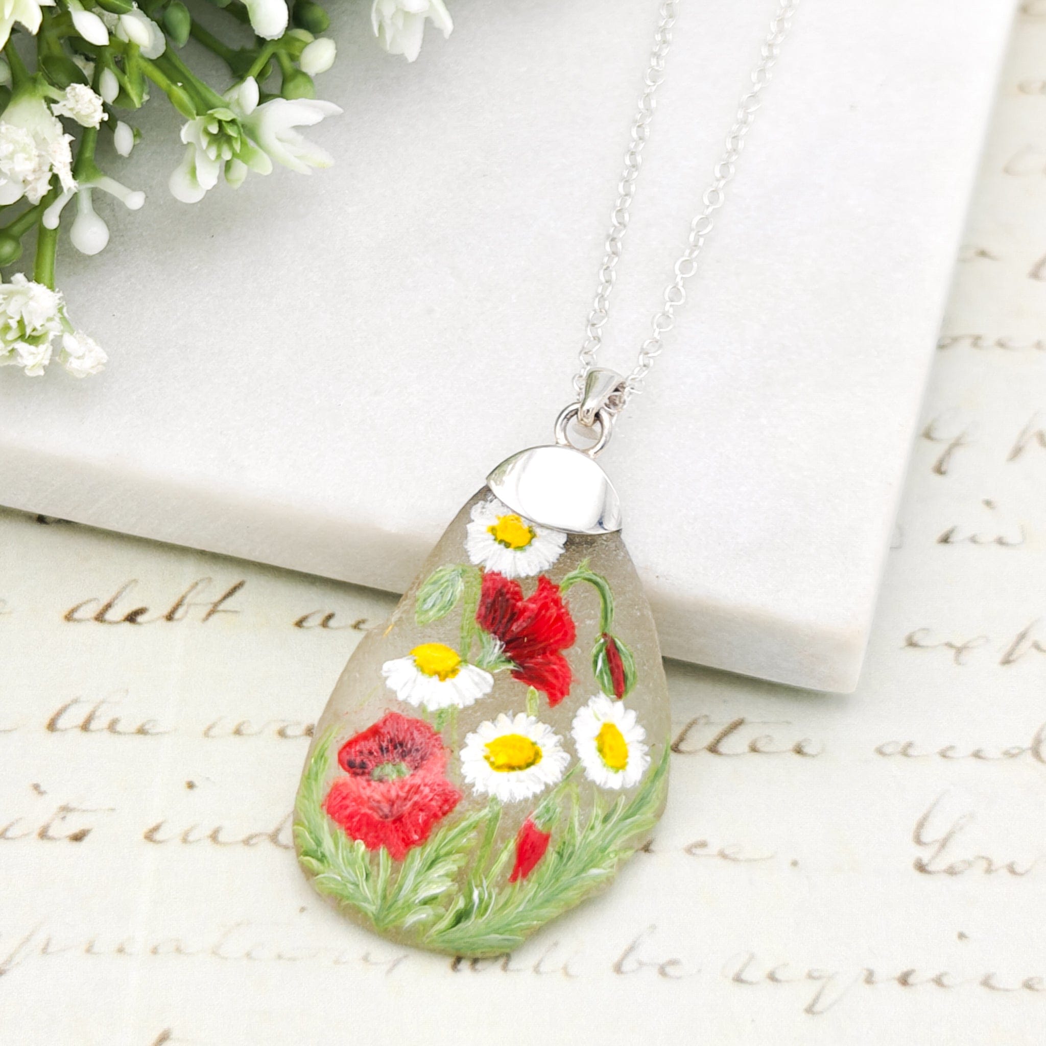 Hepburn and Hughes Hand Painted Sea Glass Pendant | Poppy | August birth flower | Sterling Silver