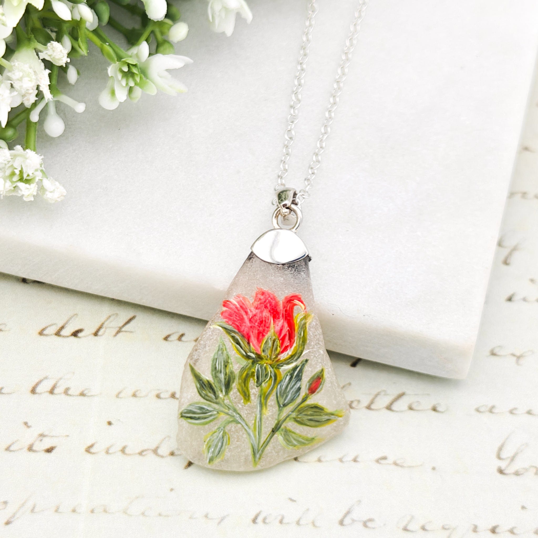Hepburn and Hughes Hand Painted Sea Glass Pendant | Red Rose | June Birth Flower | Sterling Silver