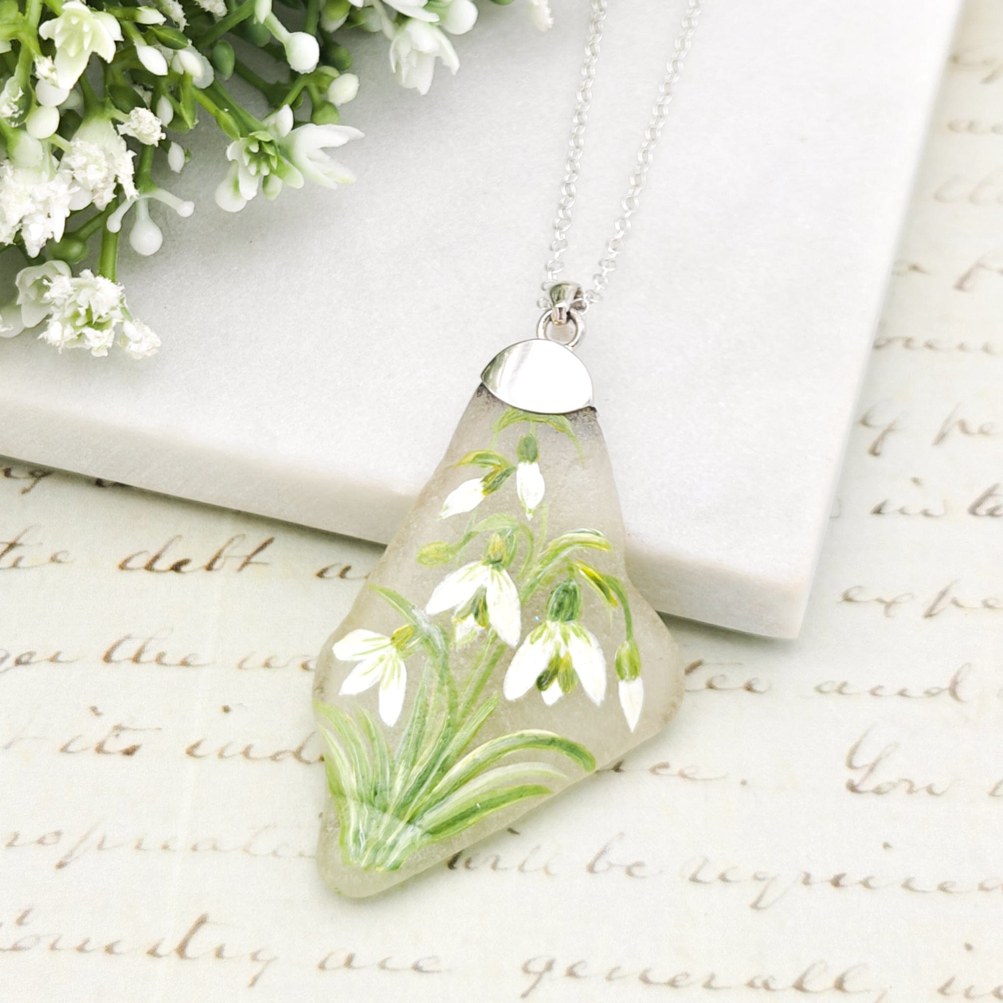 Hepburn and Hughes Hand Painted Sea Glass Pendant | Snowdrops | January Birth Flower | Sterling Silver