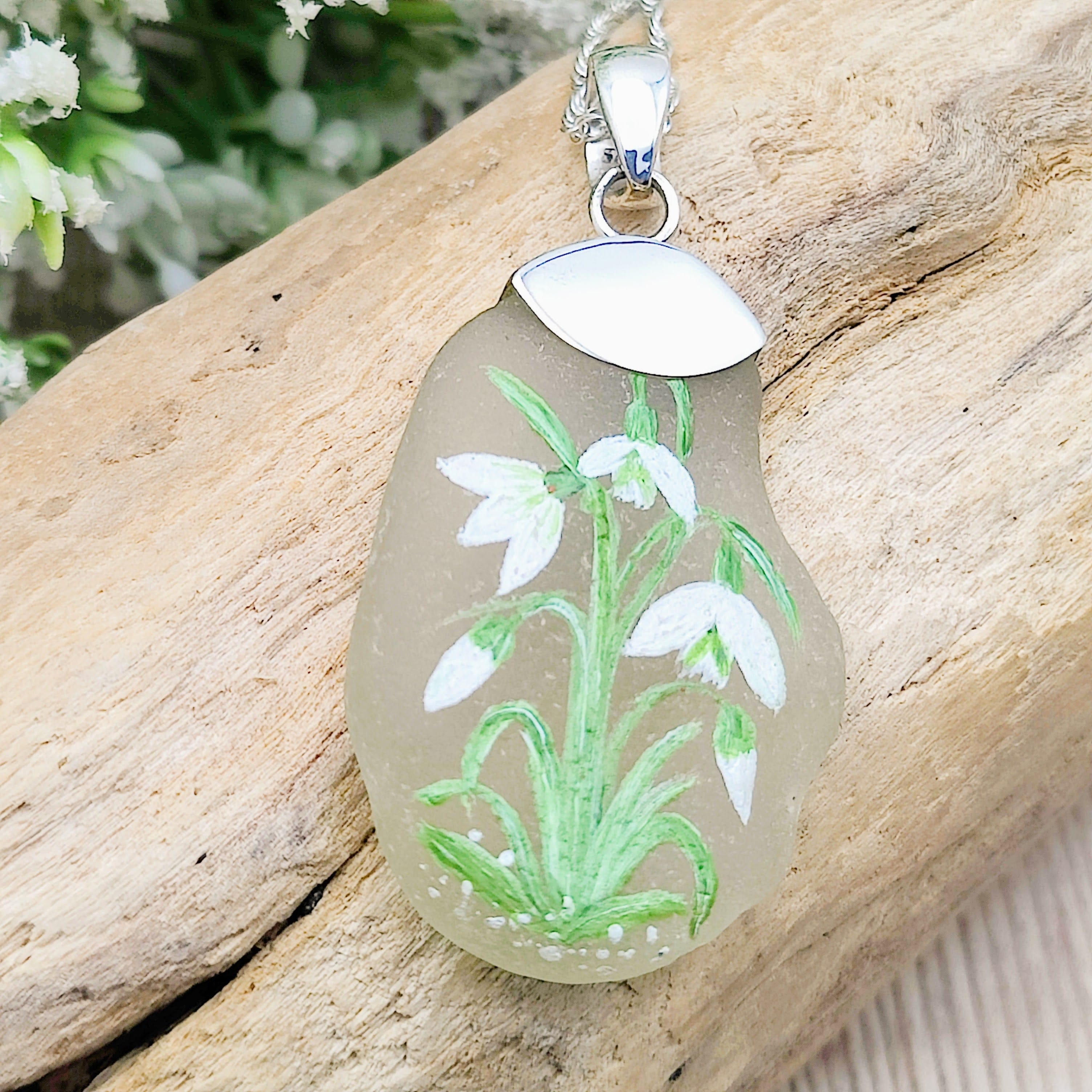 Hepburn and Hughes Hand Painted Sea Glass Pendant | Snowdrops | Sterling Silver