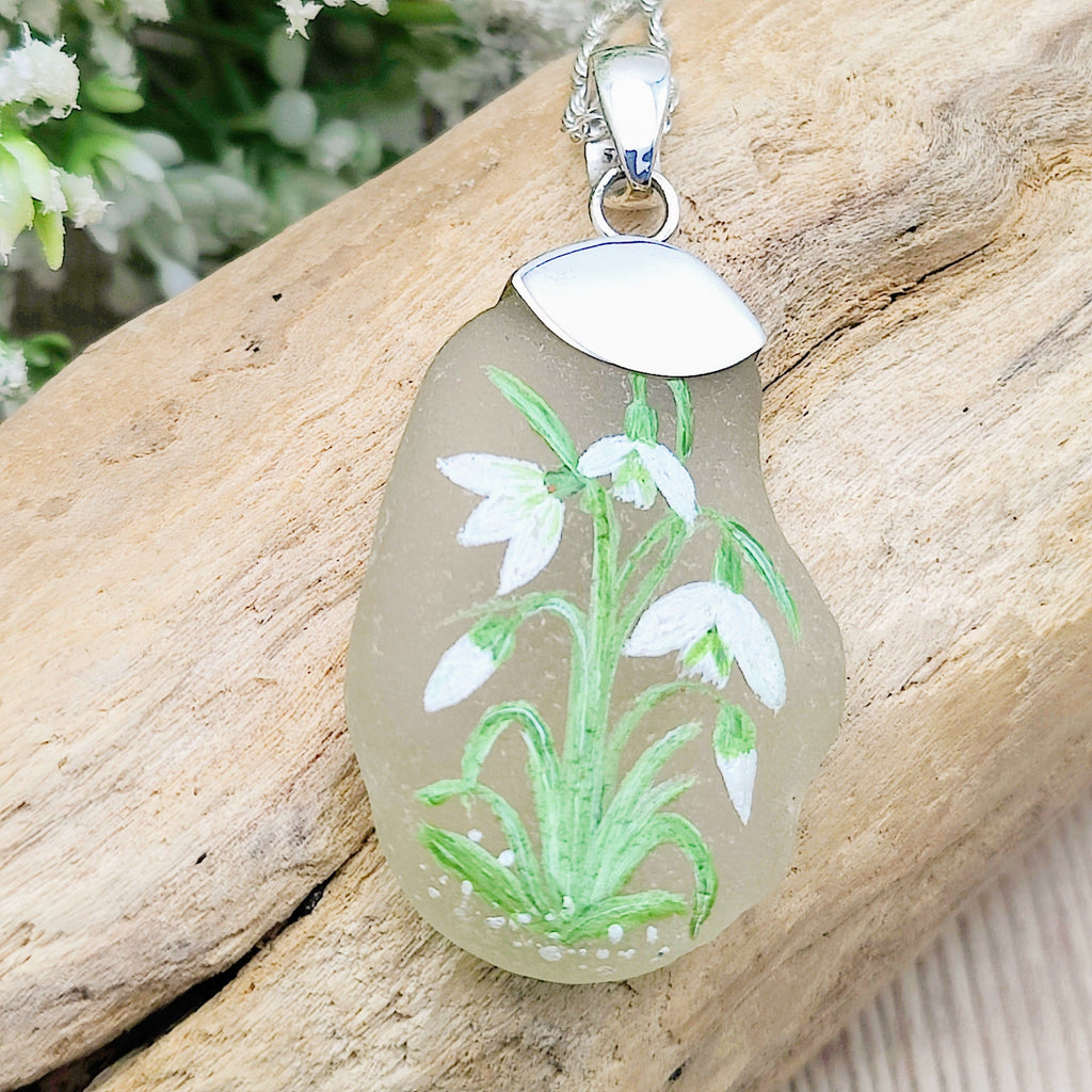 Hepburn and Hughes Hand Painted Sea Glass Pendant | Snowdrops | Sterling Silver