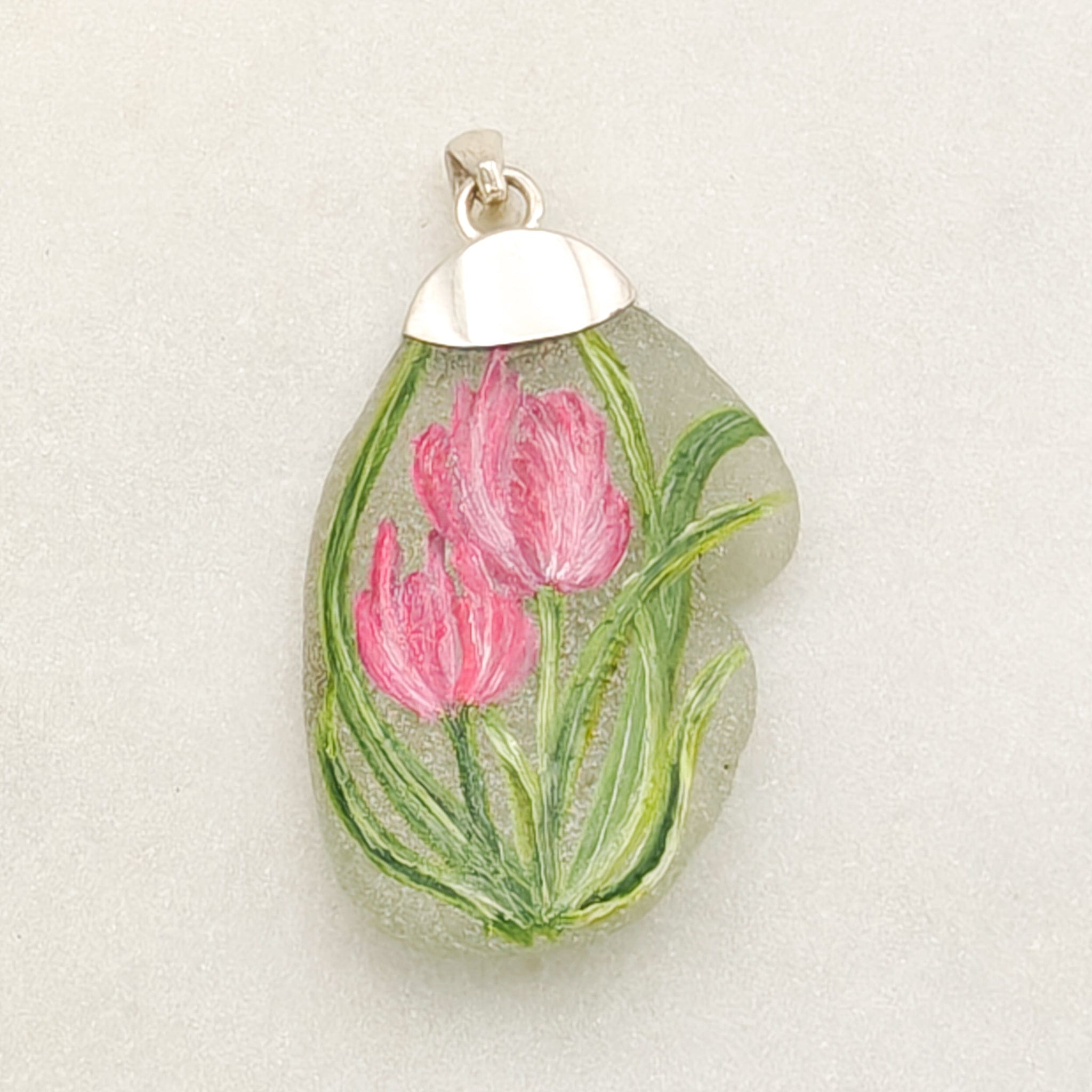 Hepburn and Hughes Hand Painted Sea Glass Pendant | Tulips | April Birth Flower | Sterling Silver