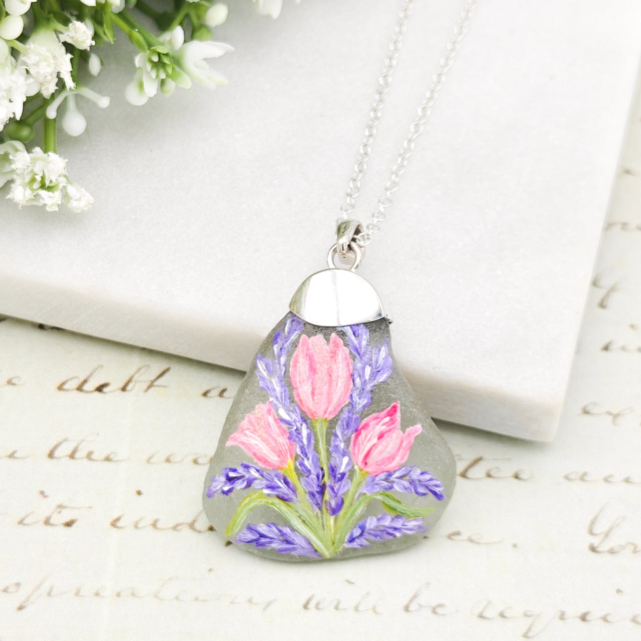 Hepburn and Hughes Hand Painted Sea Glass Pendant | Tulips | April Birth Flower | Sterling Silver