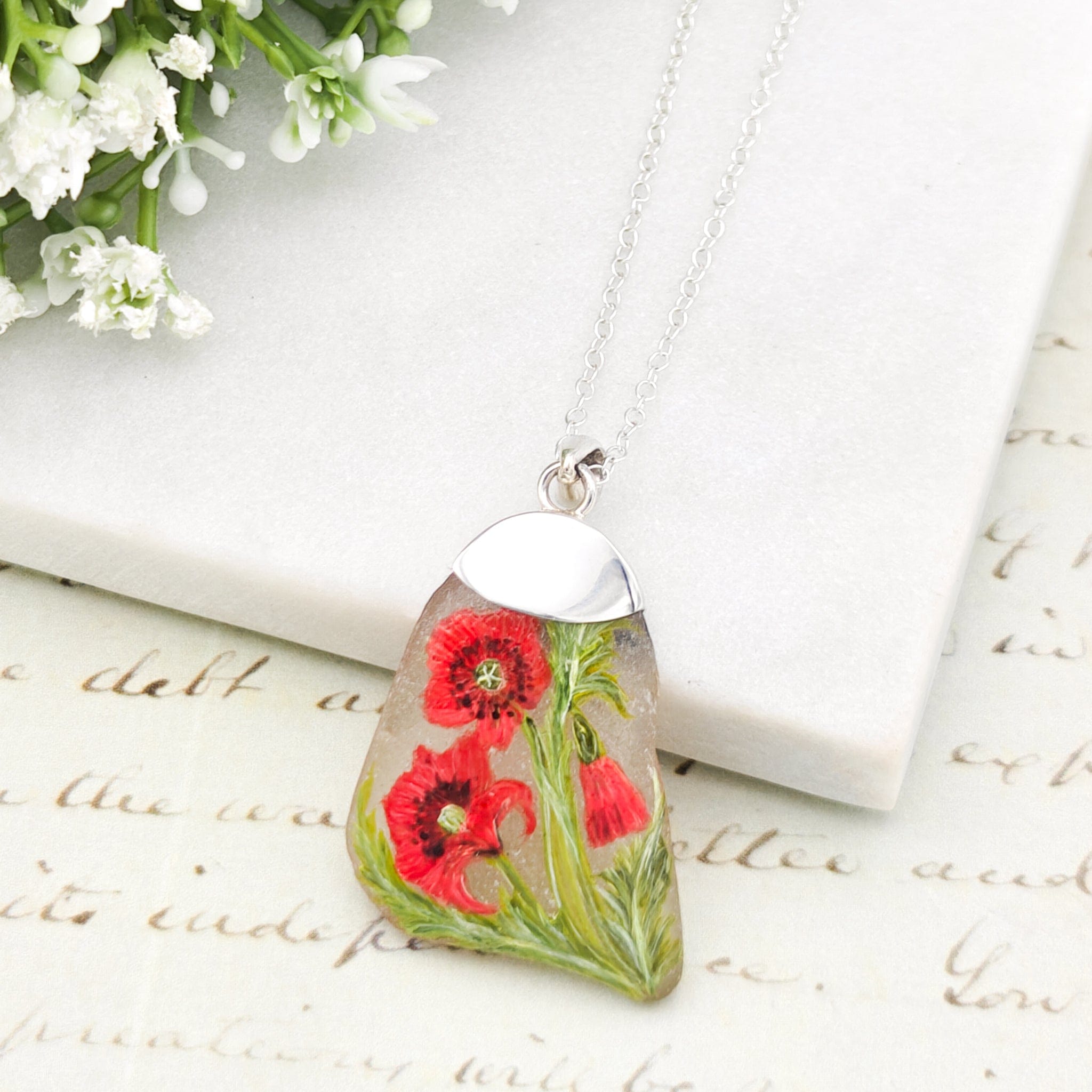 Hepburn and Hughes Hand Painted Sea Glass Pendant | Wild Poppy | 3 Options | Sterling Silver