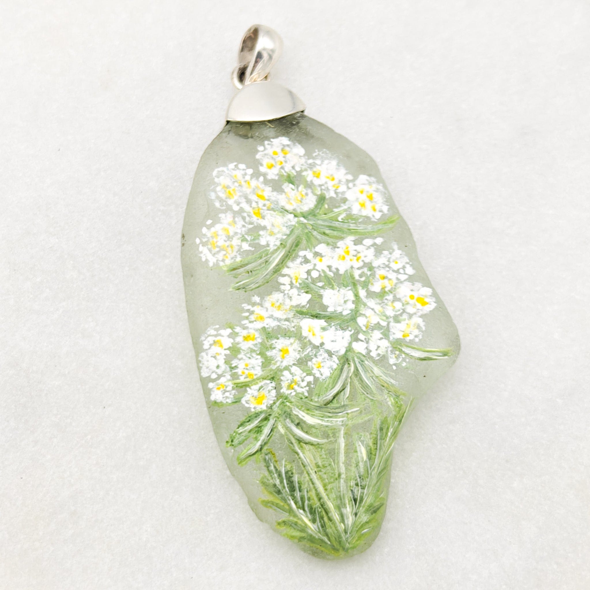 Hepburn and Hughes Hand Painted Sea Glass Pendant | Wildflowers | Botanical Gift | Sterling Silver