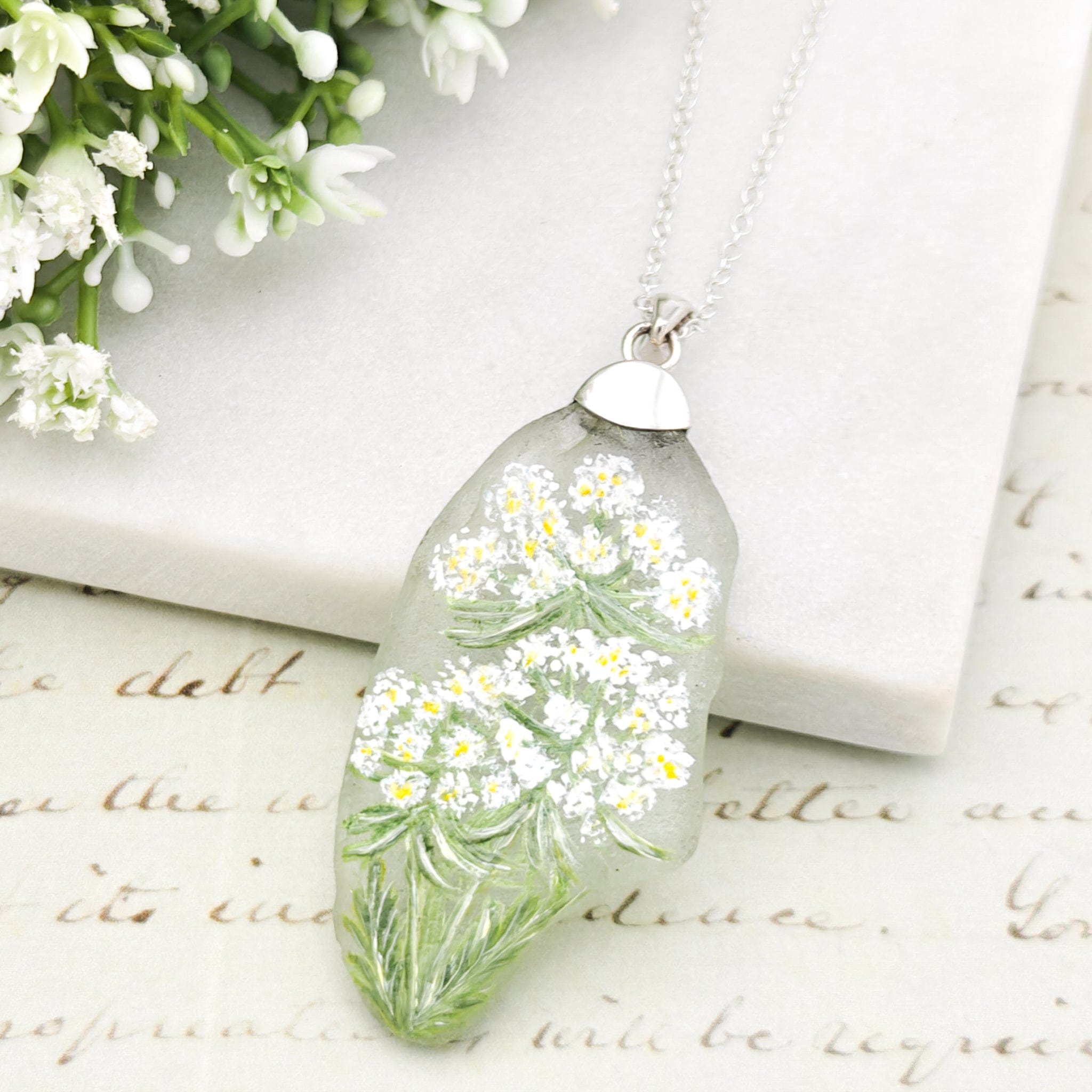 Hepburn and Hughes Hand Painted Sea Glass Pendant | Wildflowers | Botanical Gift | Sterling Silver