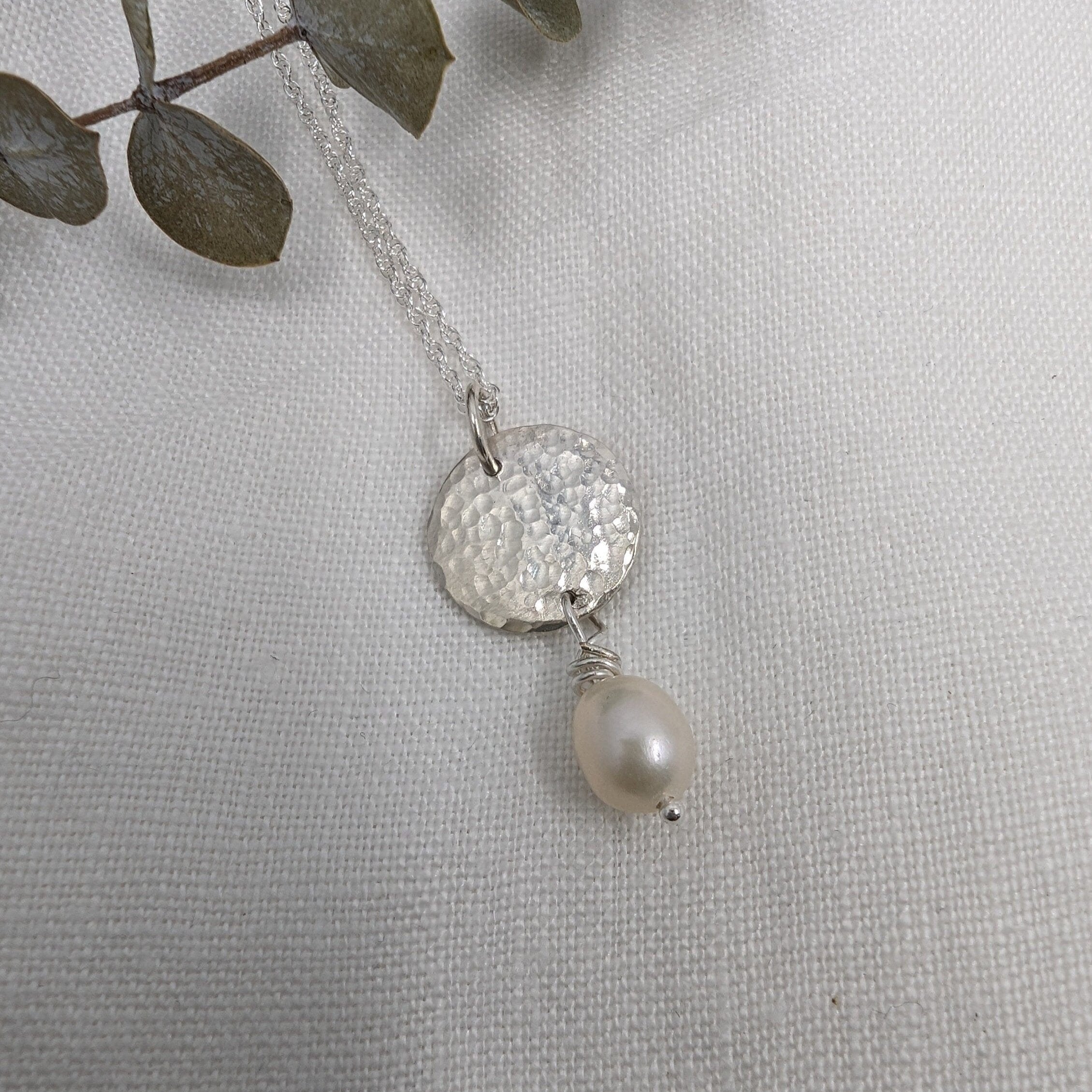 Dezanne Design Handmade Hammered Round Pendant with Pearl Drop