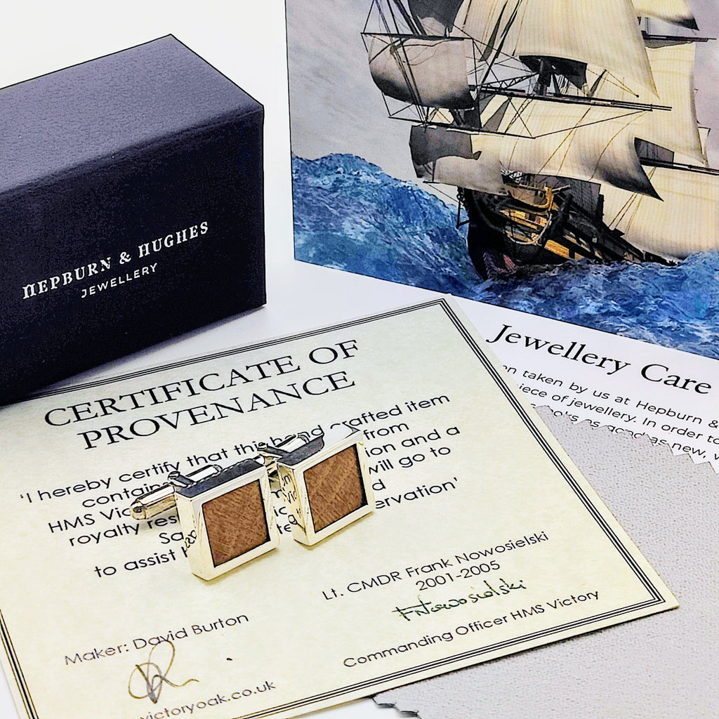 Hepburn and Hughes HMS Victory Cufflinks | Made with Oak from HMS Victory | Sterling Silver | Square