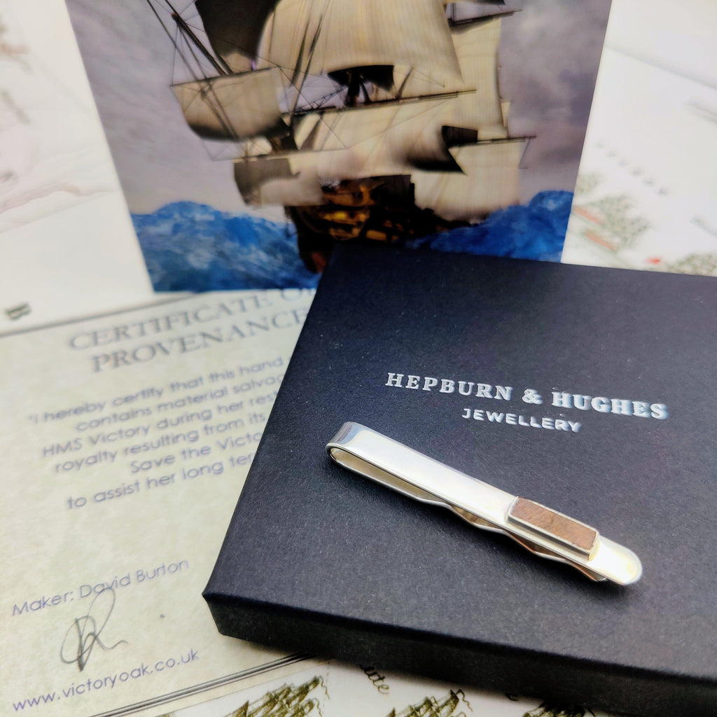 Hepburn and Hughes HMS Victory Oak Tie Pin for Men | Nautical Gift | Set in Sterling Silver