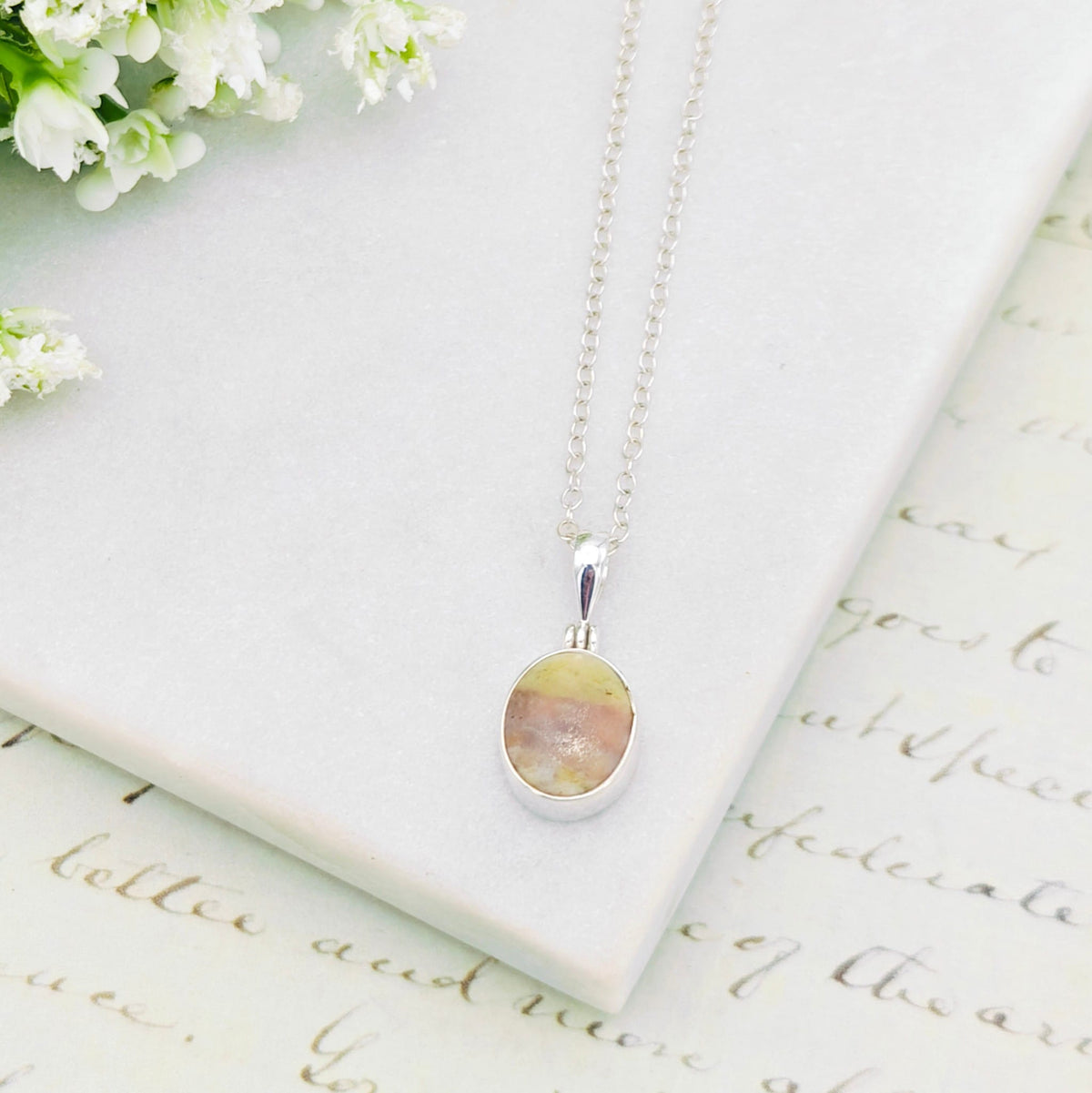Hepburn and Hughes Isle of Skye Marble Pendant in Sterling Silver | Scottish Gift | 13mm Pink Tone Oval