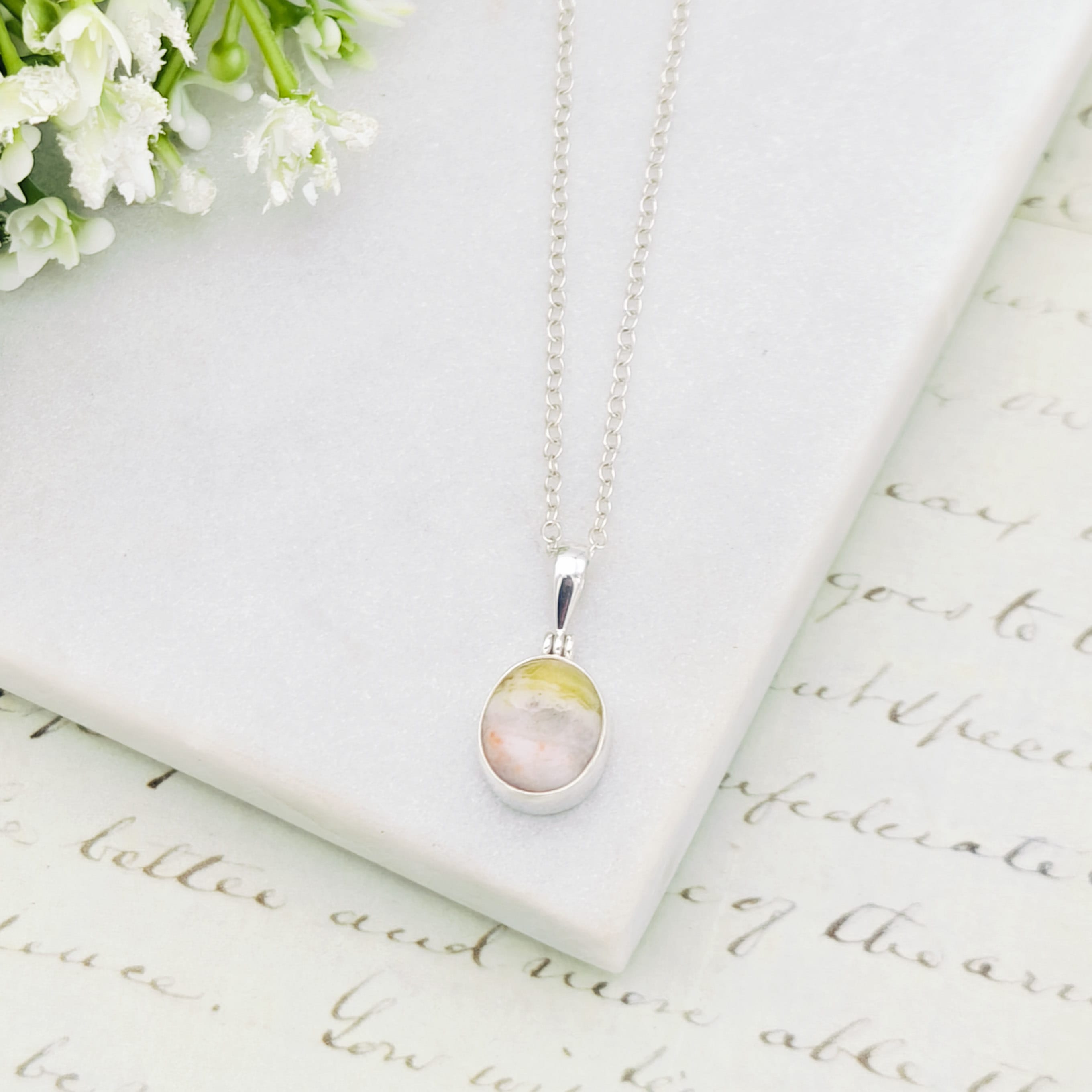 Hepburn and Hughes Isle of Skye Marble Pendant in Sterling Silver | Scottish Gift | 13mm Pink Tone Oval