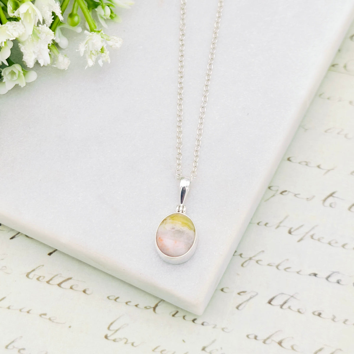 Hepburn and Hughes Isle of Skye Marble Pendant in Sterling Silver | Scottish Gift | 13mm Pink Tone Oval