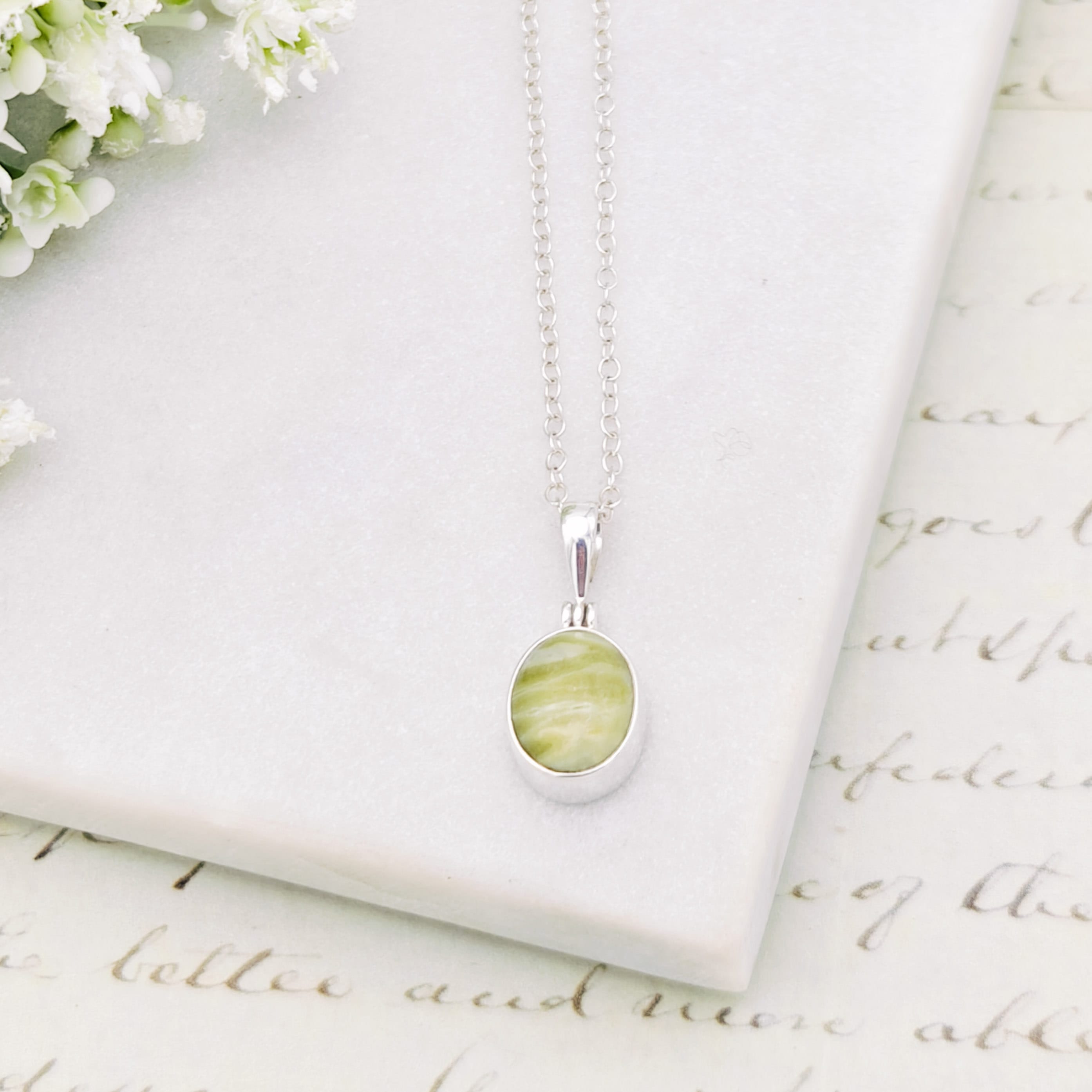 Hepburn and Hughes Isle of Skye Marble Pendant | Scotland Gift | 13mm Pale Green Stone | Sterling Silver