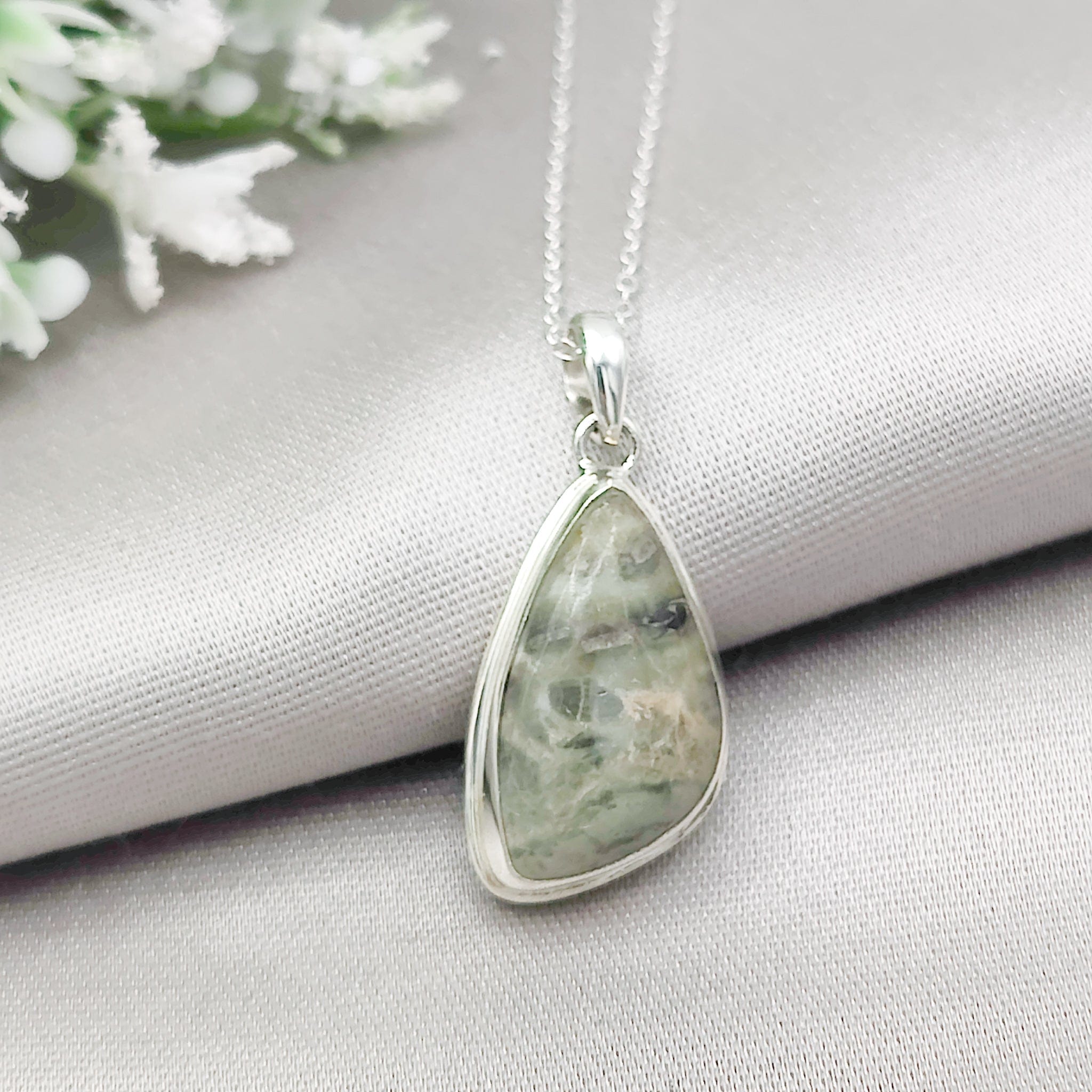 Hepburn & Hughes Isle of Skye Marble Pendant | Scotland Gift | 21mm Pale Green Stone | Sterling Silver