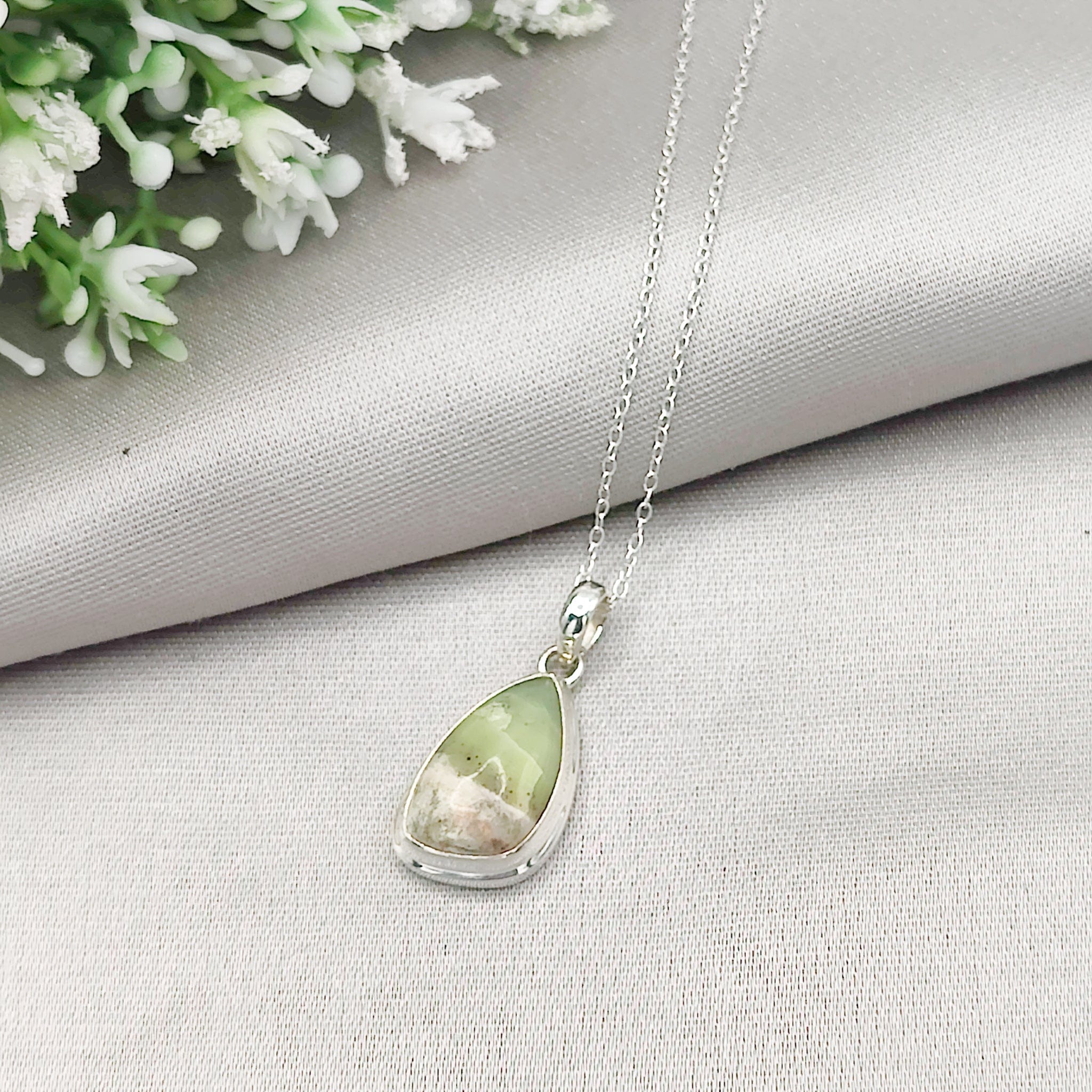 Hepburn & Hughes Isle of Skye Marble Pendant | Scotland Gift | 21mm Pale Green Stone | Sterling Silver