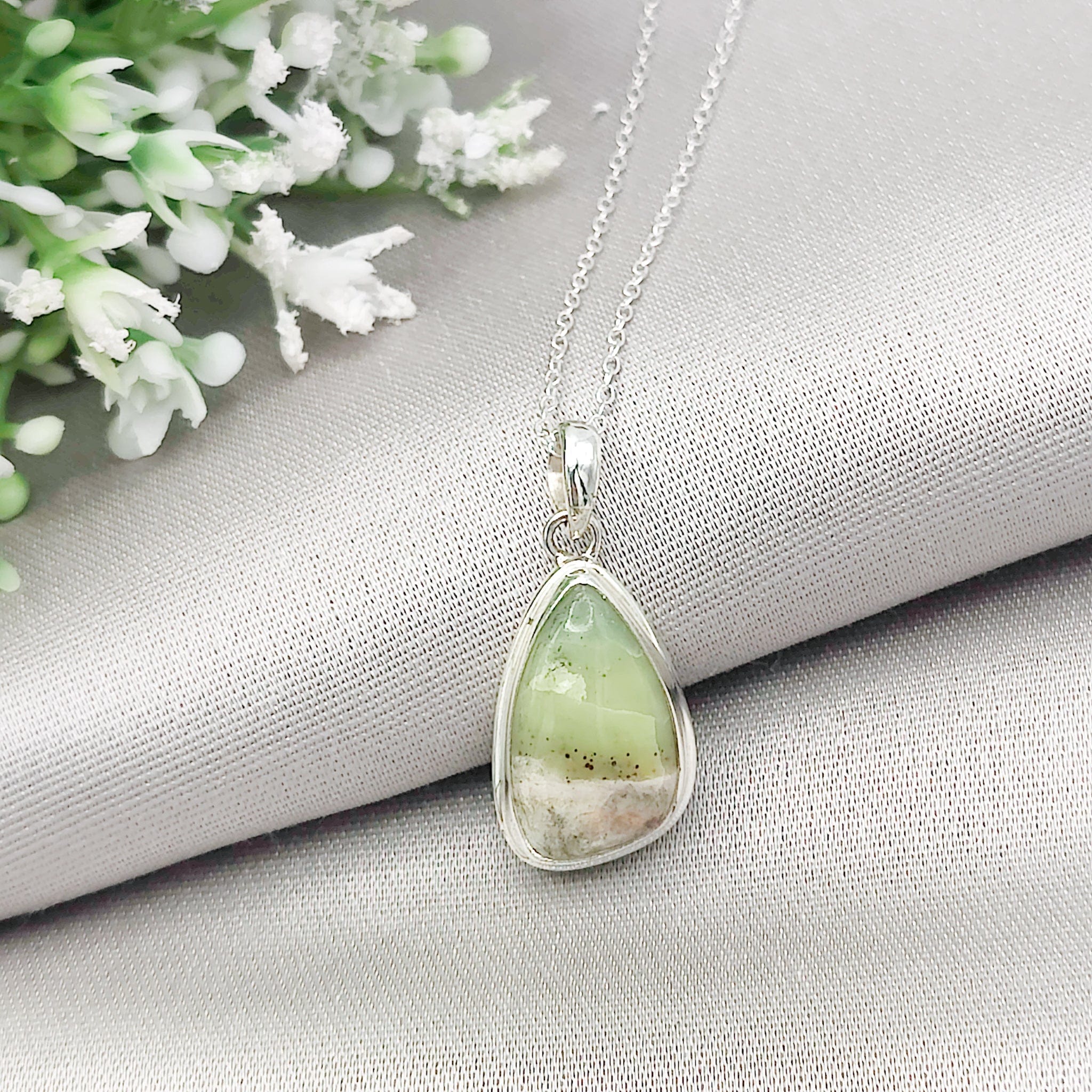 Hepburn & Hughes Isle of Skye Marble Pendant | Scotland Gift | 21mm Pale Green Stone | Sterling Silver