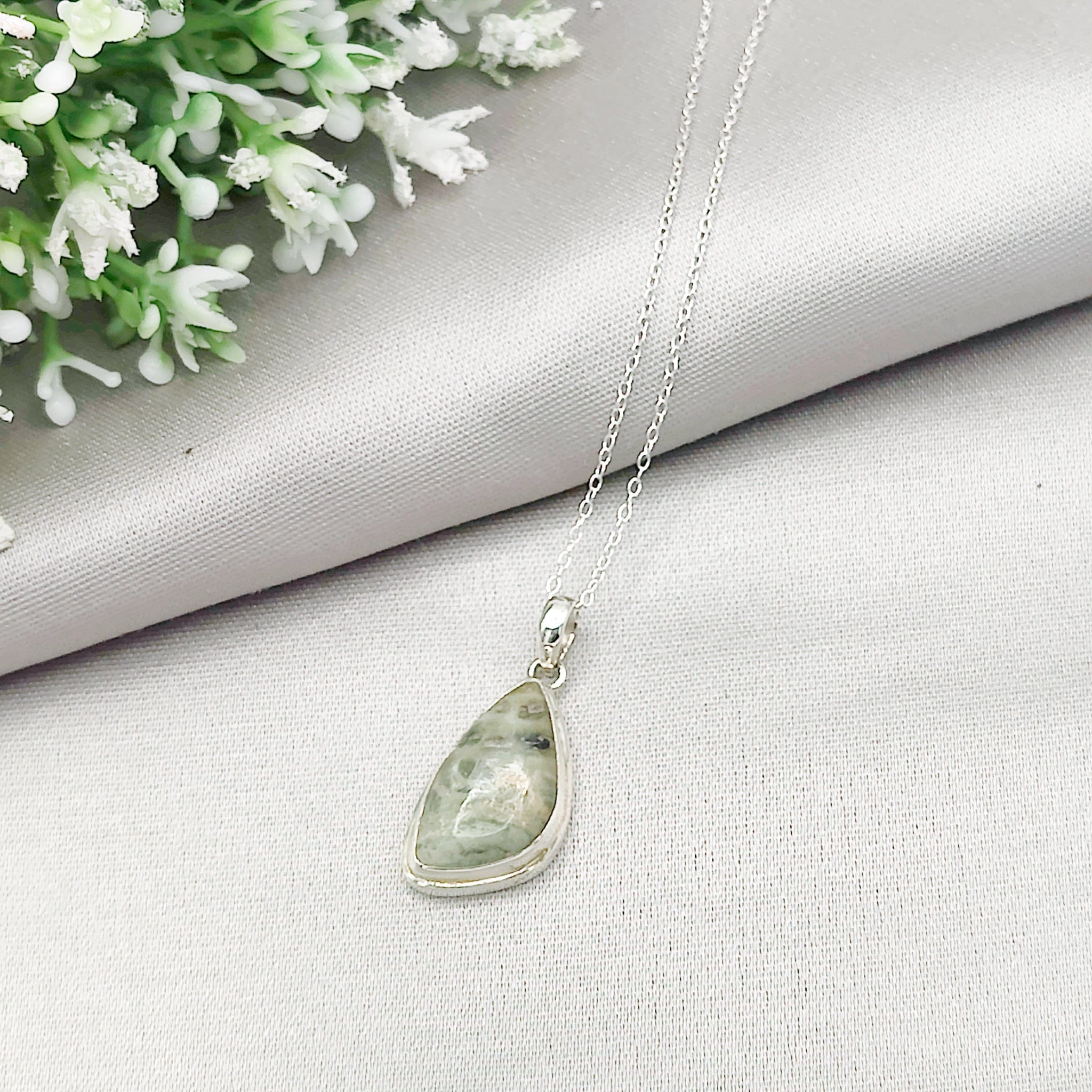 Hepburn & Hughes Isle of Skye Marble Pendant | Scotland Gift | 21mm Pale Green Stone | Sterling Silver