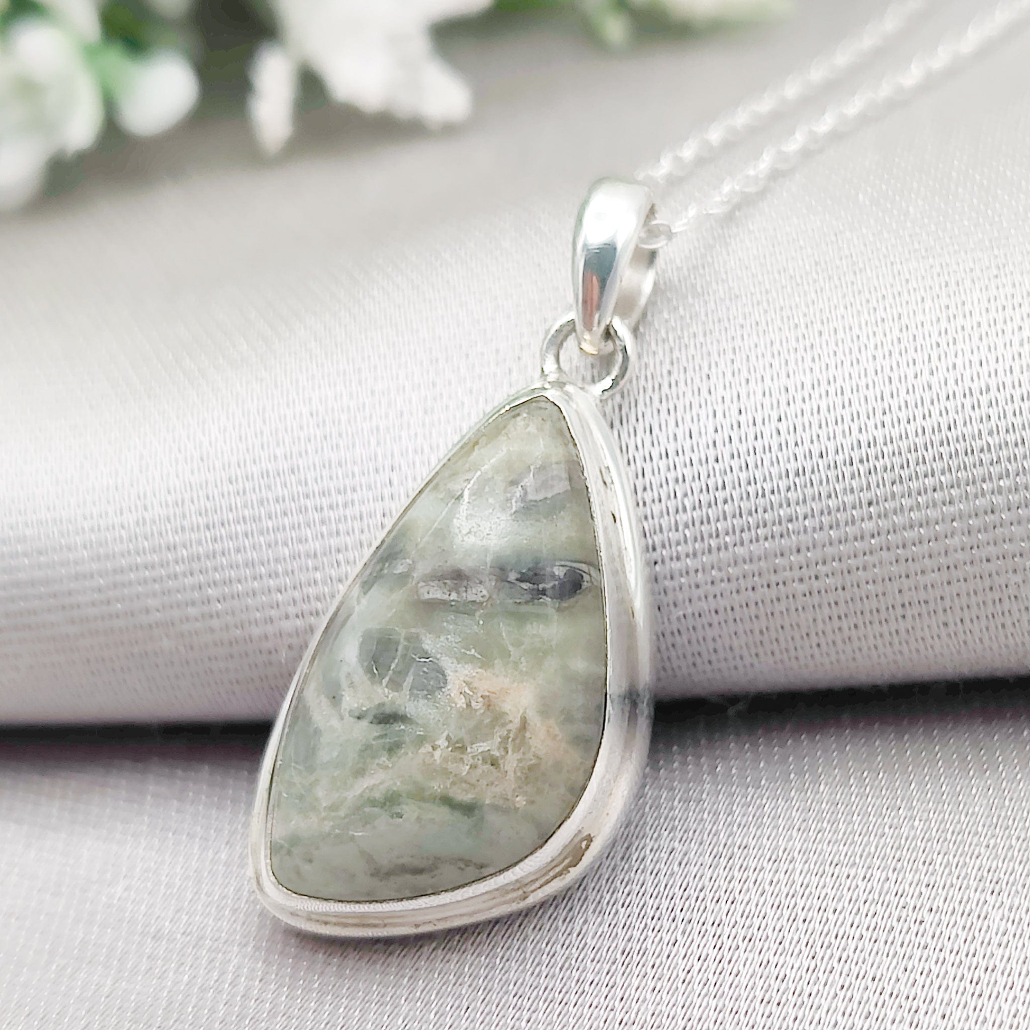 Hepburn & Hughes Isle of Skye Marble Pendant | Scotland Gift | 21mm Pale Green Stone | Sterling Silver