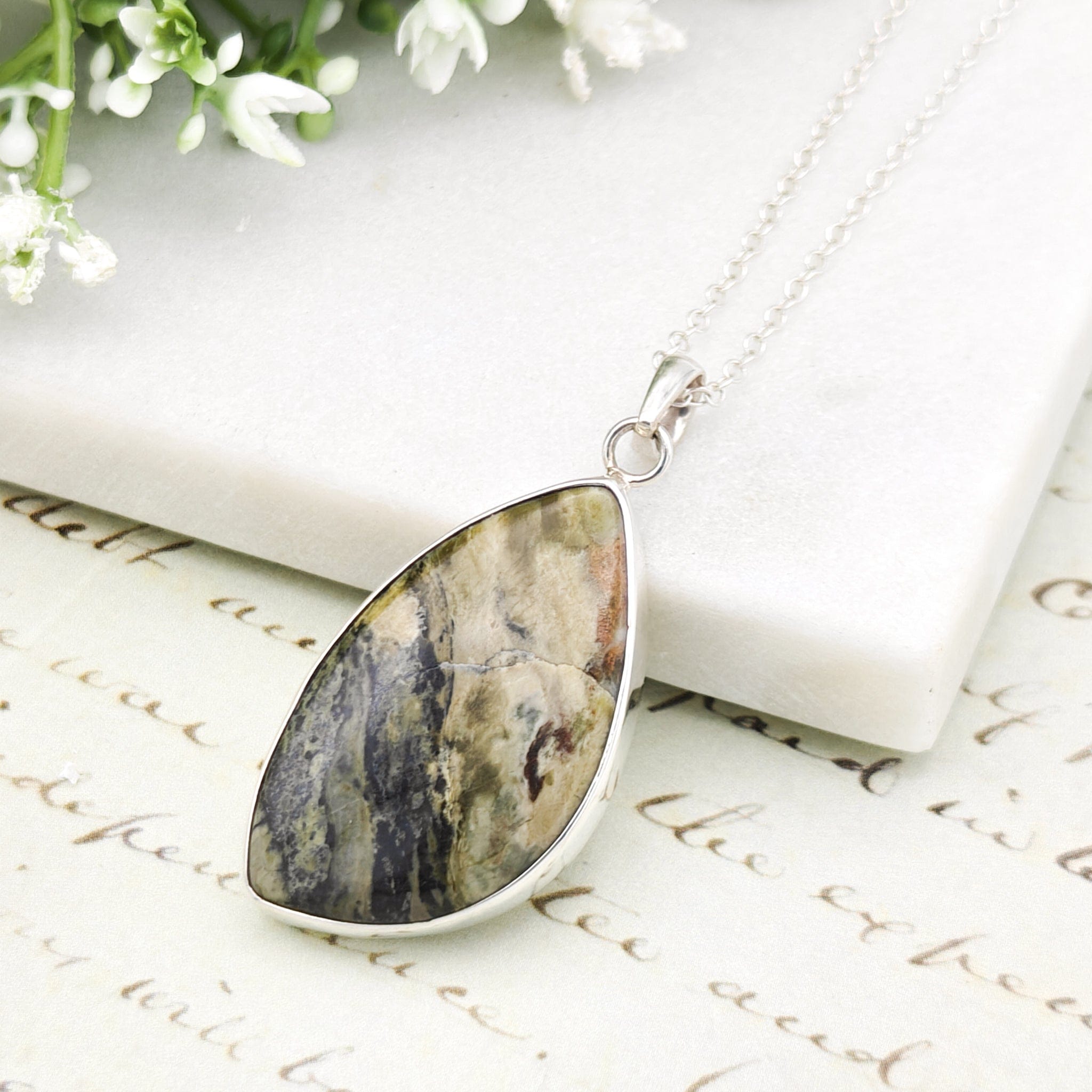 Hepburn and Hughes Isle of Skye Marble Pendant | Scotland Gift | 40mm Abstract | Sterling Silver