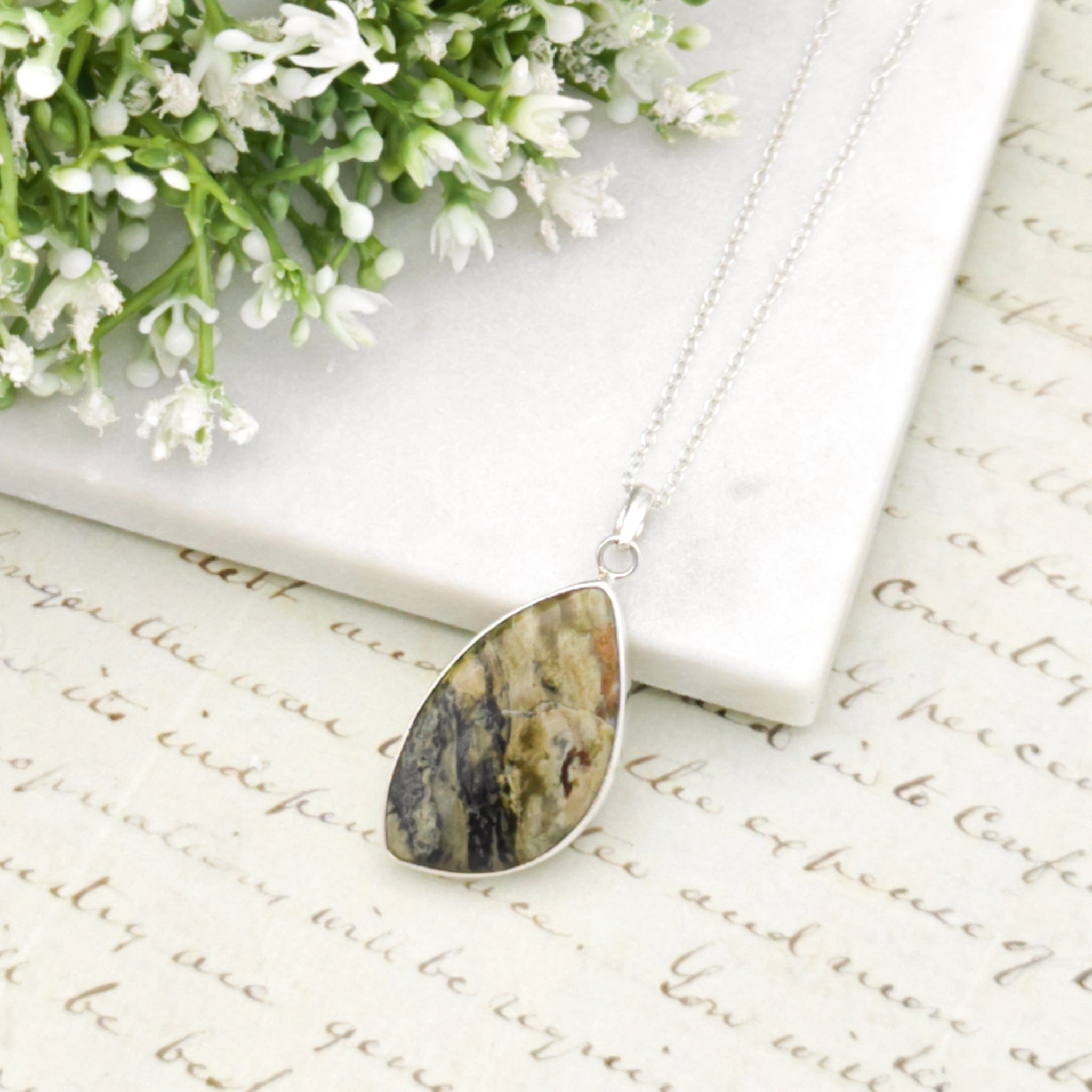 Hepburn and Hughes Isle of Skye Marble Pendant | Scotland Gift | 40mm Abstract | Sterling Silver